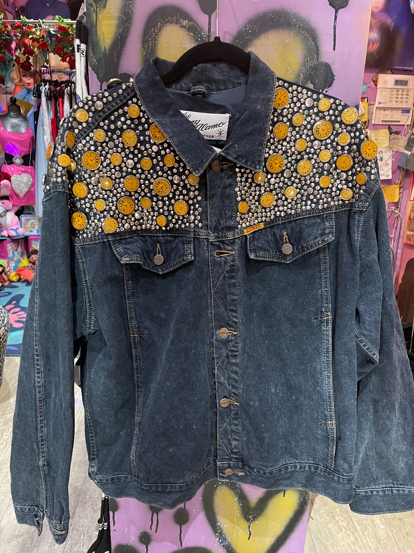 Vintage 80s Studded Clocks Jean Jacket