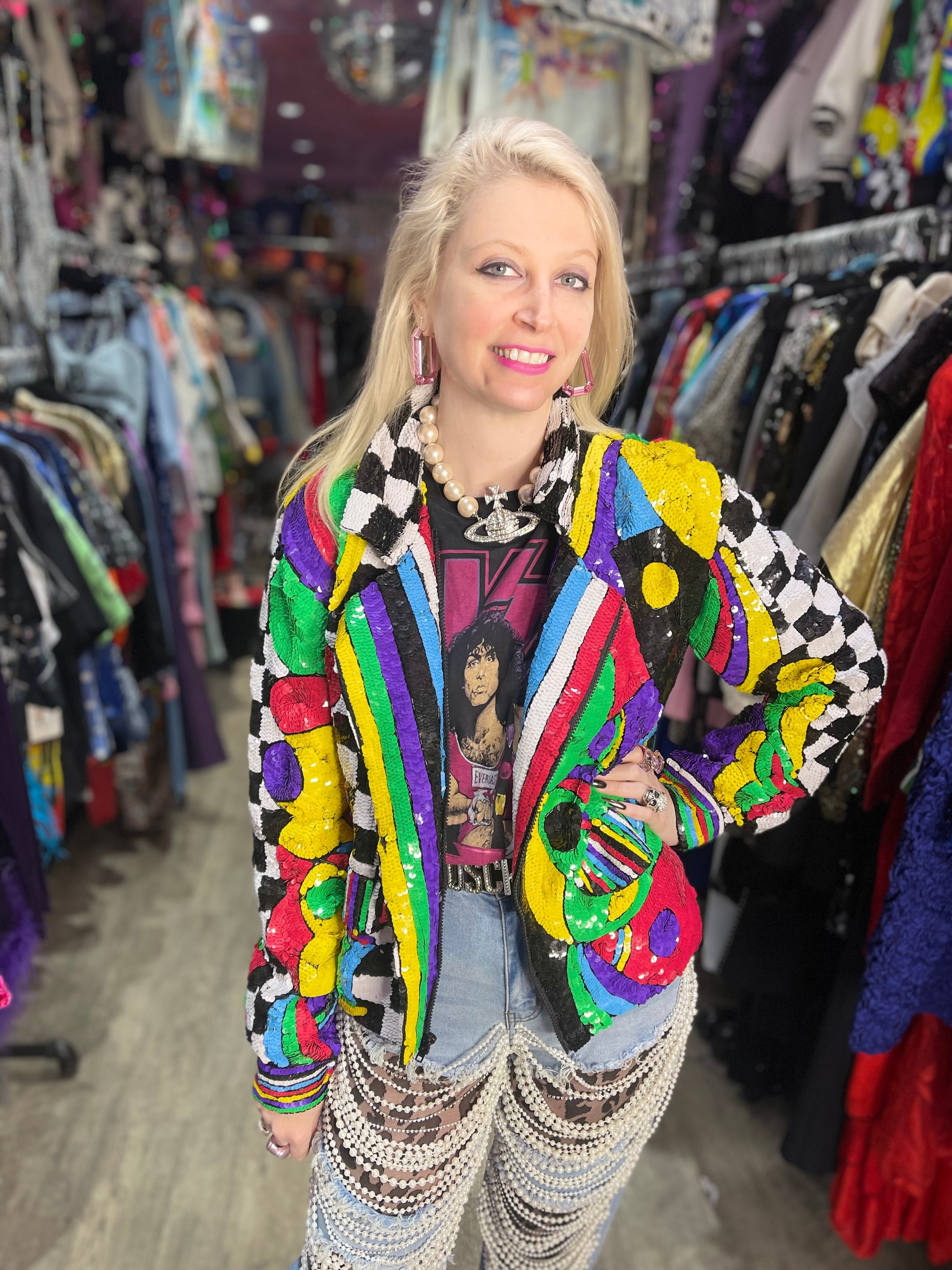 Vintage 90s Wild Colorful Mix Print Sequin Encrusted Blazer Jacket 