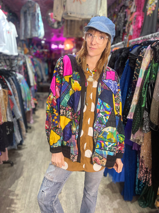 Vintage 90s Colorful Patchwork Bomber Jacket - Spark Pretty