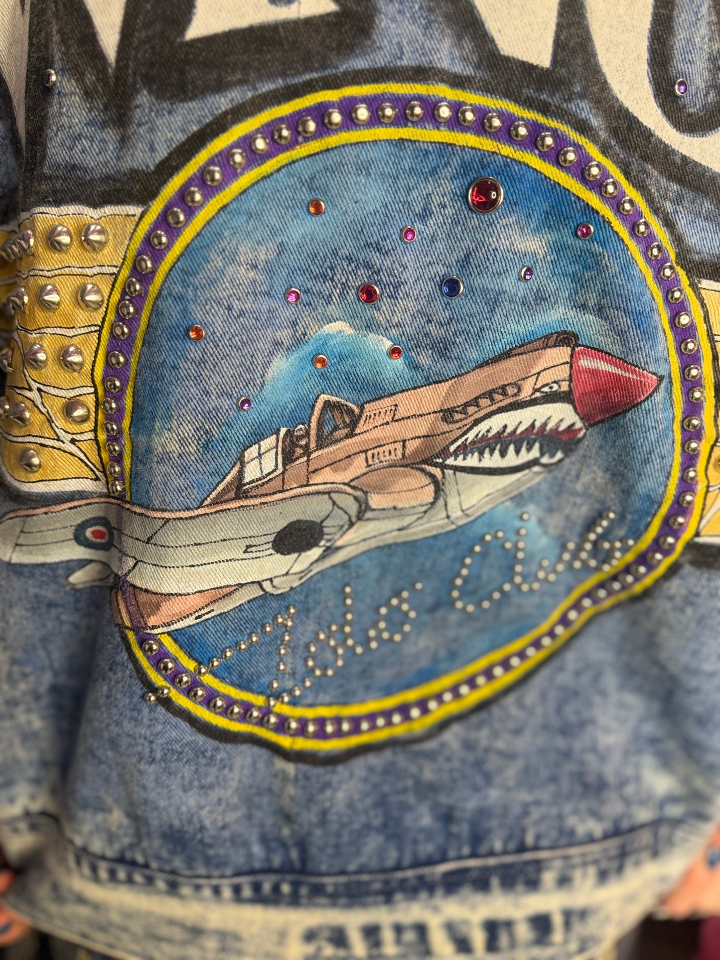 Vintage 90s Painted Airplane Wings Jean Jacket