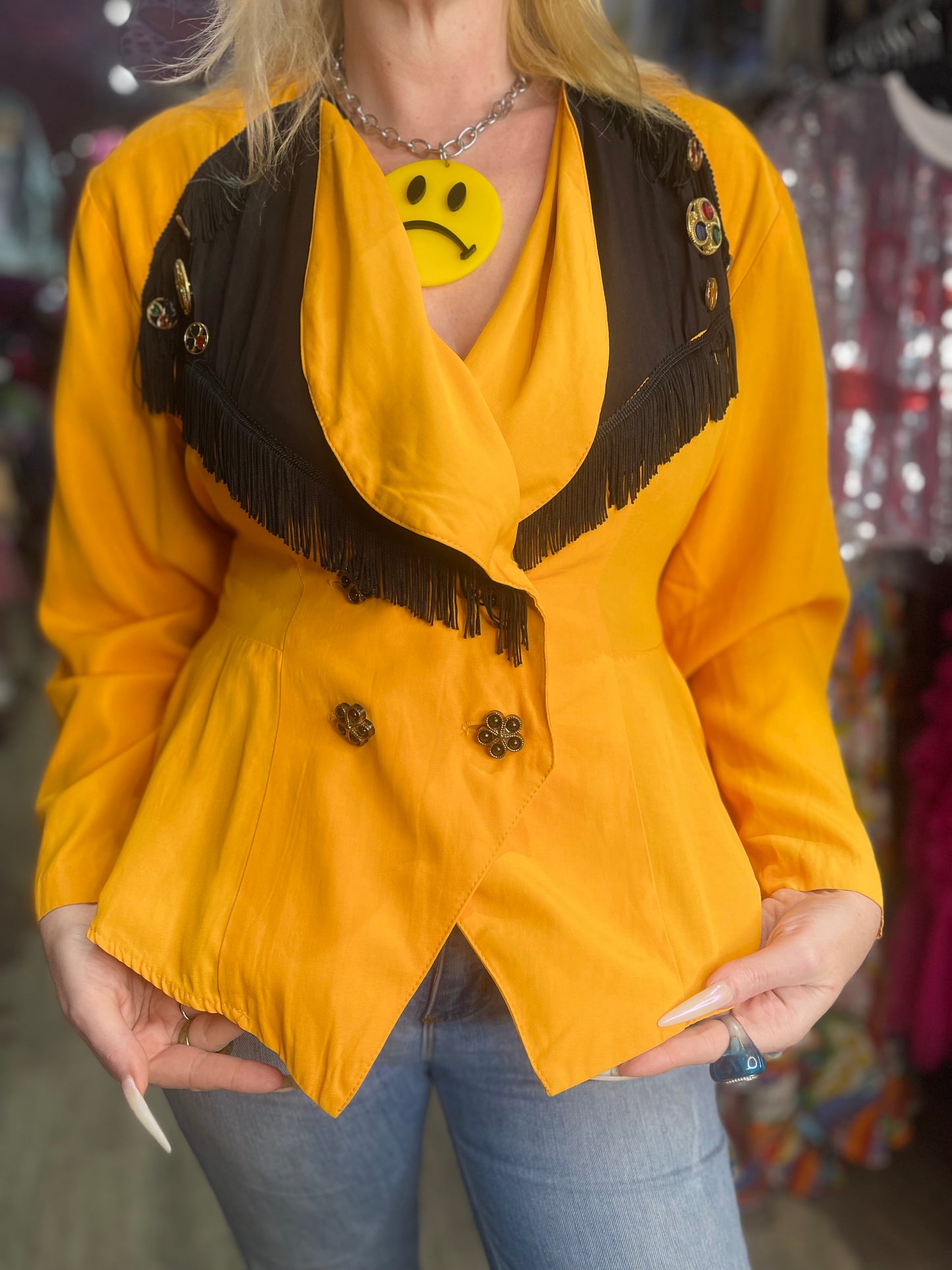 Vintage 90s Yellow Bedazzled Studded Fringe Jacket