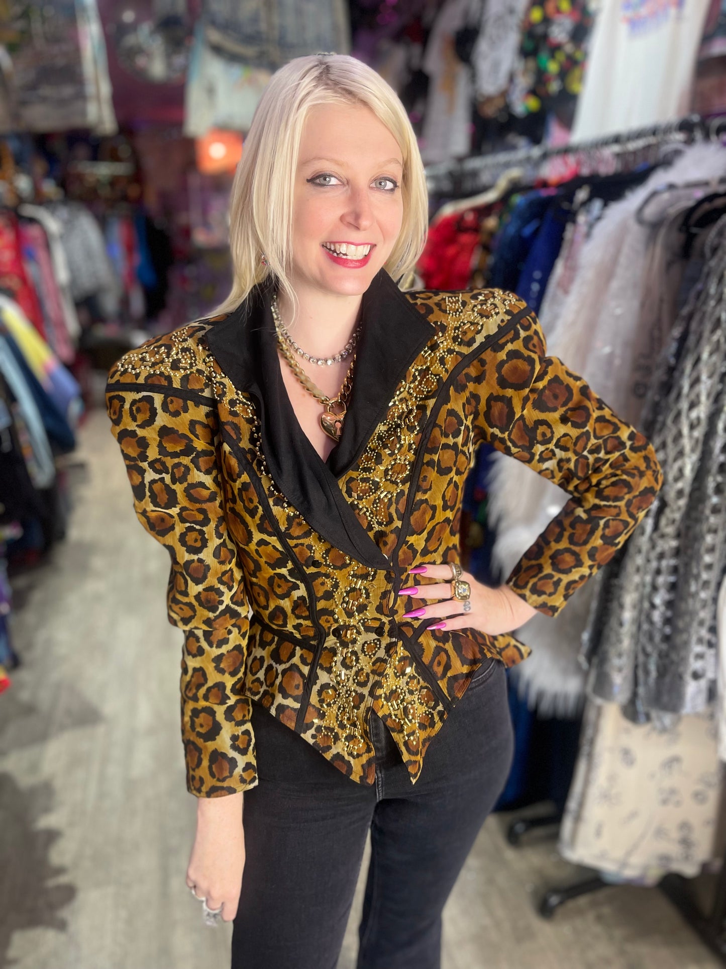 Vintage 90s Leopard Studded Peplum Fitted Jacket