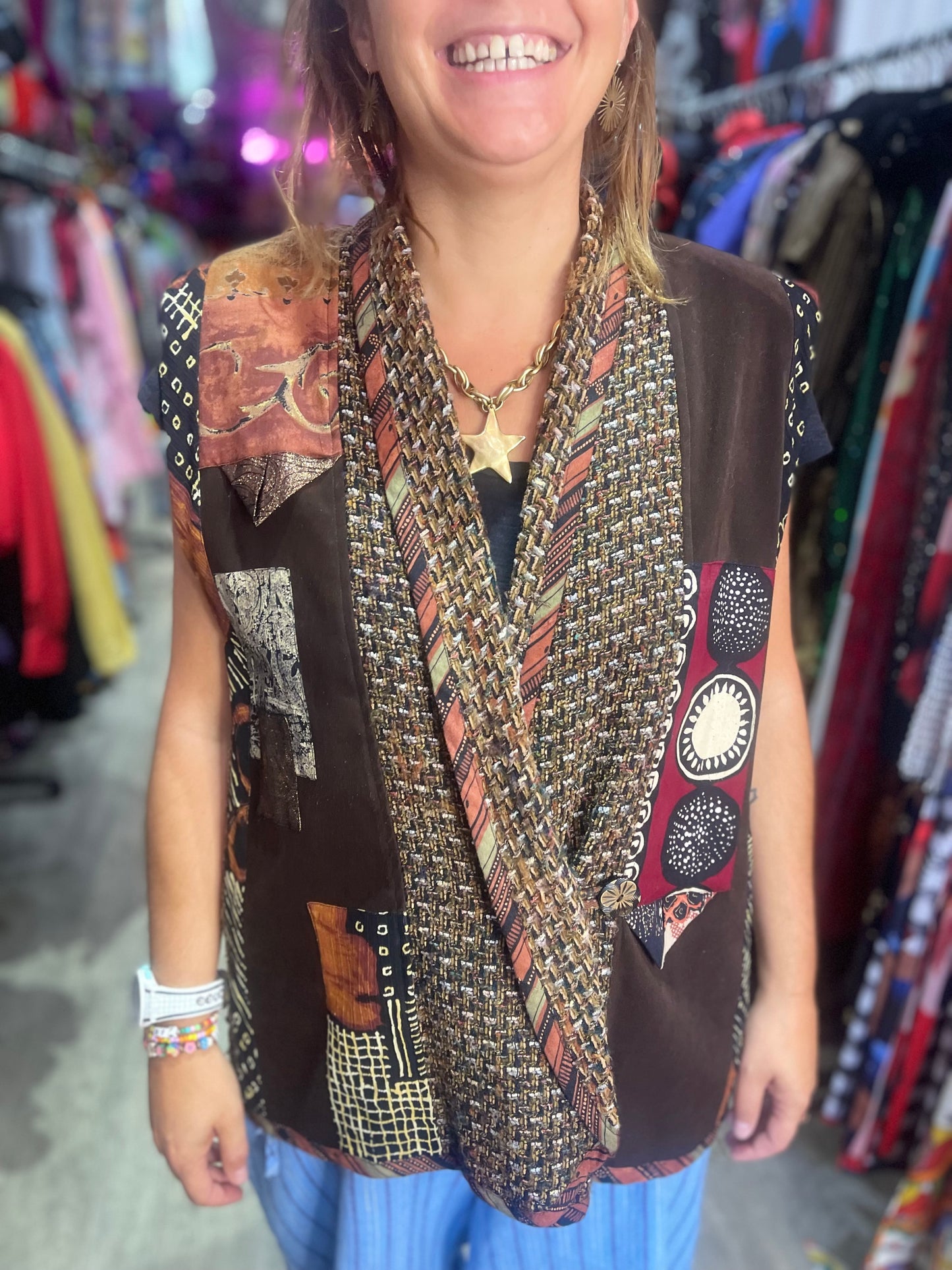 Vintage 90s Mix Print Brown Vest