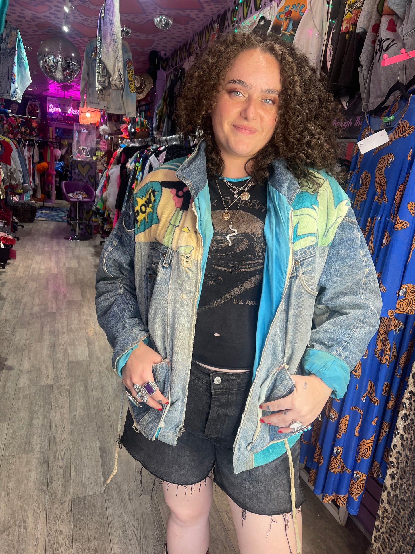 Vintage 80s Patchwork Pink Panther Jean Jacket