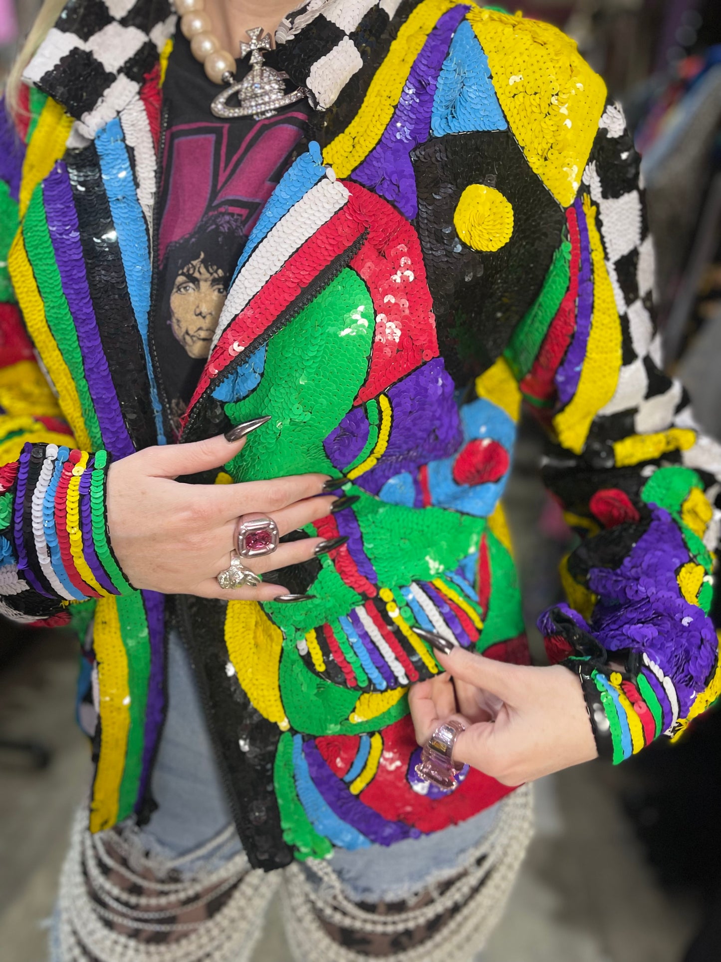 Vintage 90s Wild Colorful Mix Print Sequin Encrusted Blazer Jacket