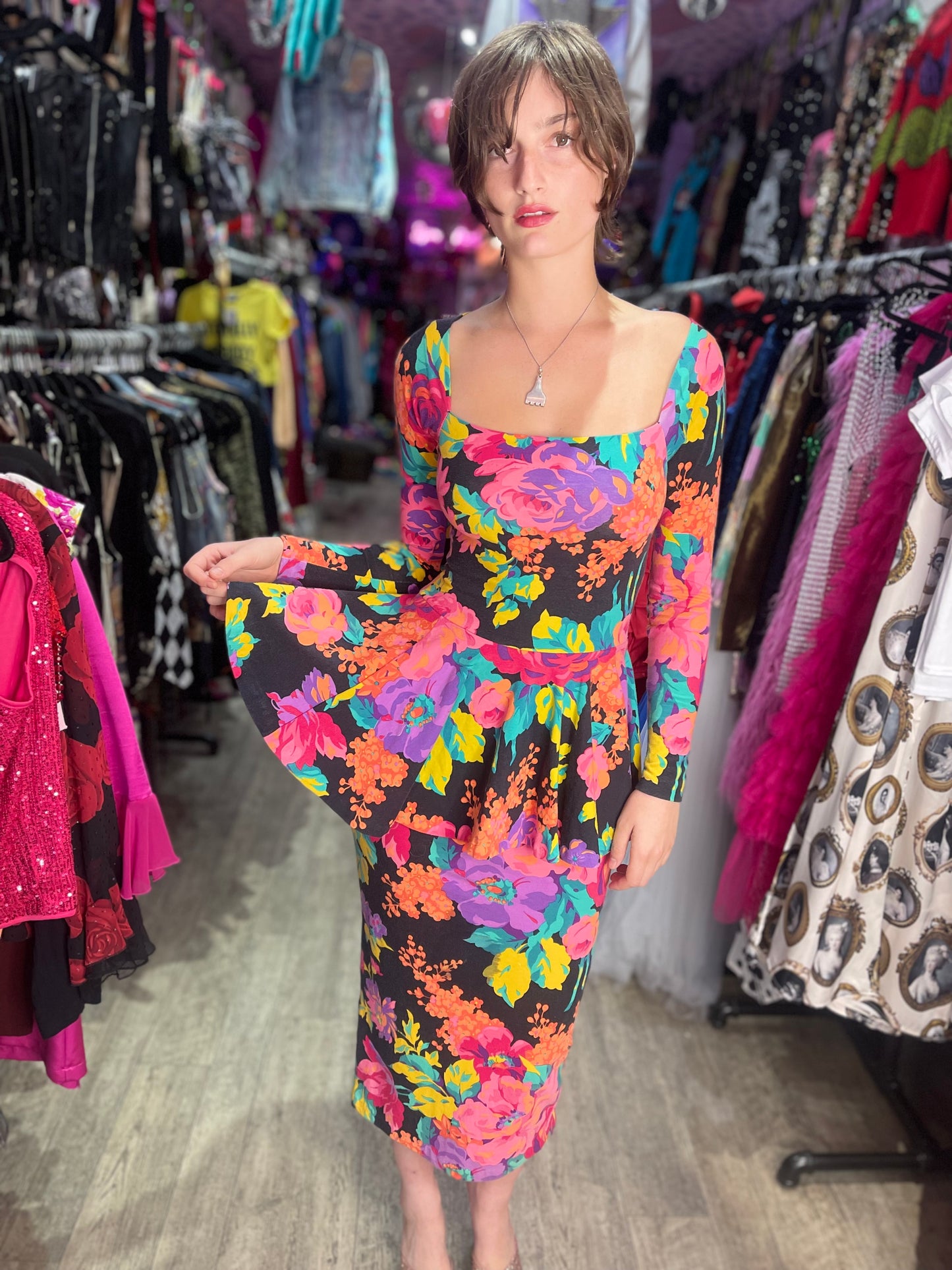 Vintage 80s Floral Punk Label Betsey Johnson Dress