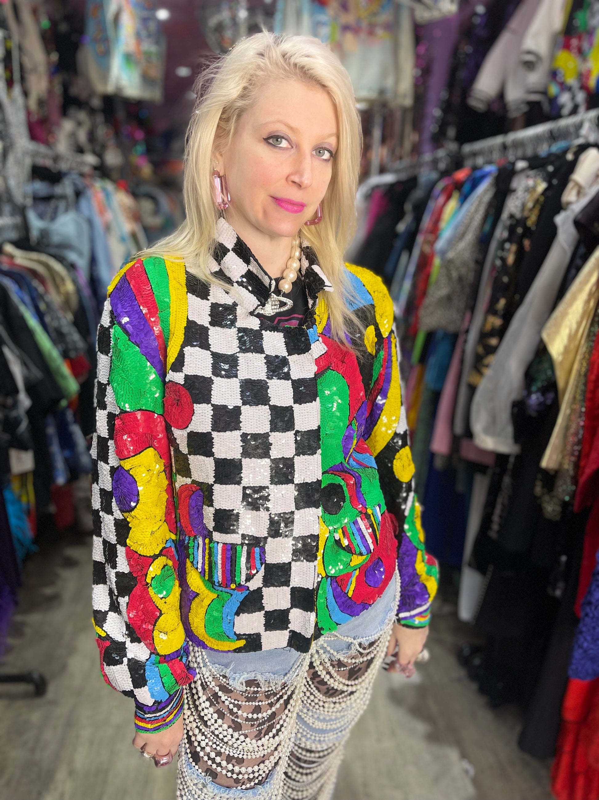 Vintage 90s Wild Colorful Mix Print Sequin Encrusted Blazer Jacket