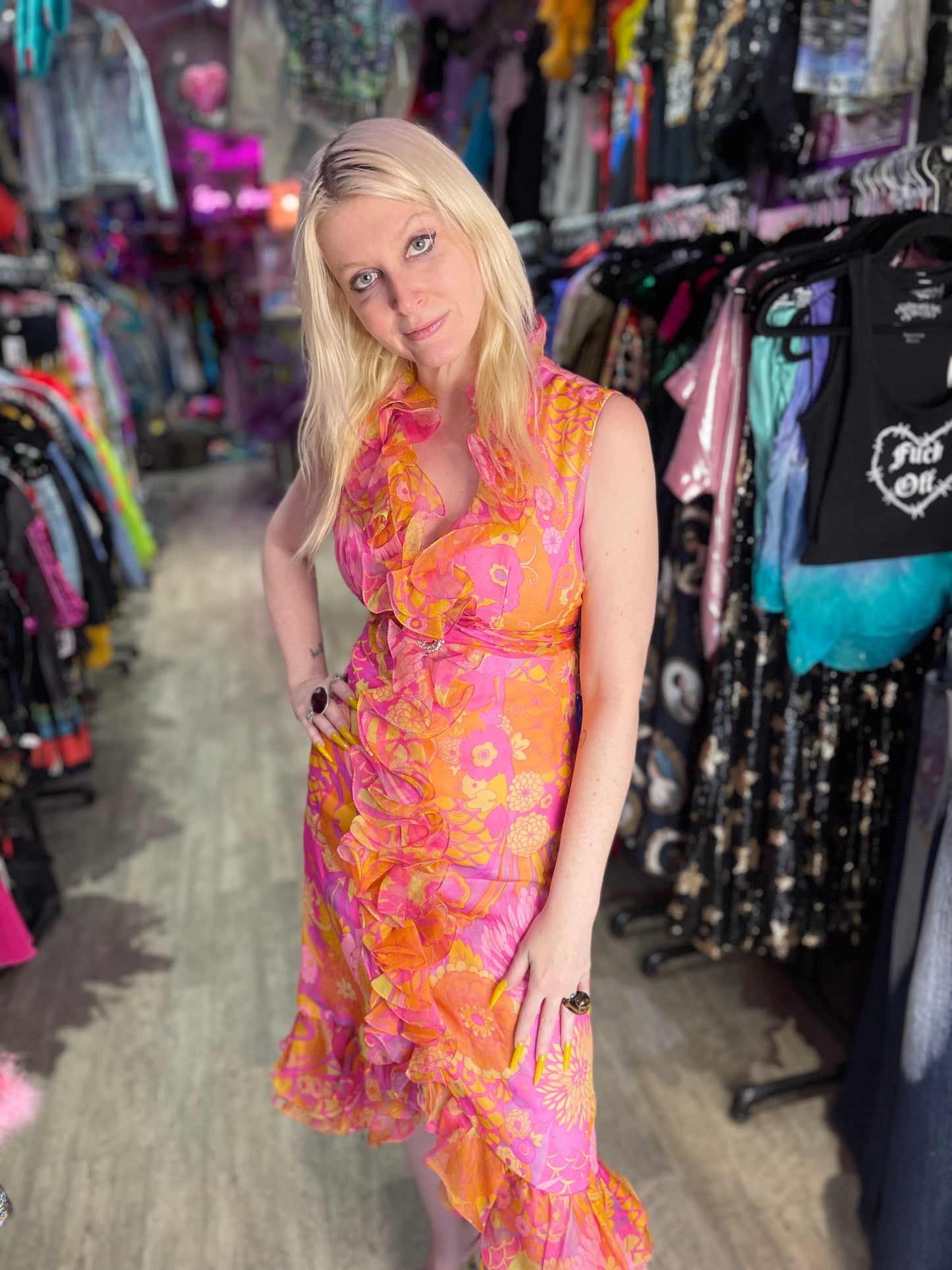Vintage 60s 70s Groovy Ruffle Midi Dress - Spark Pretty