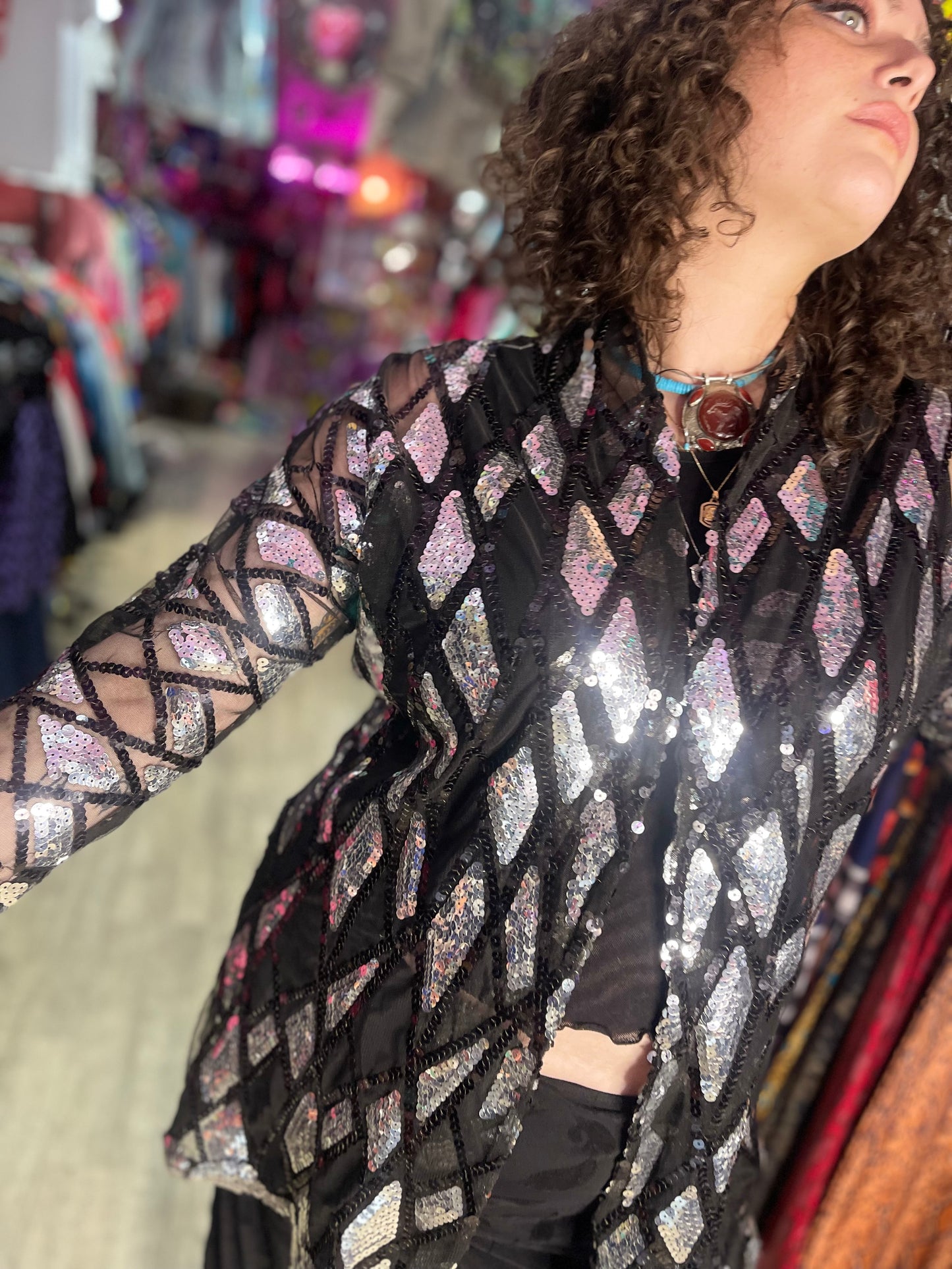 Vintage 80s Sequin Silver and Black Kimono Jacket