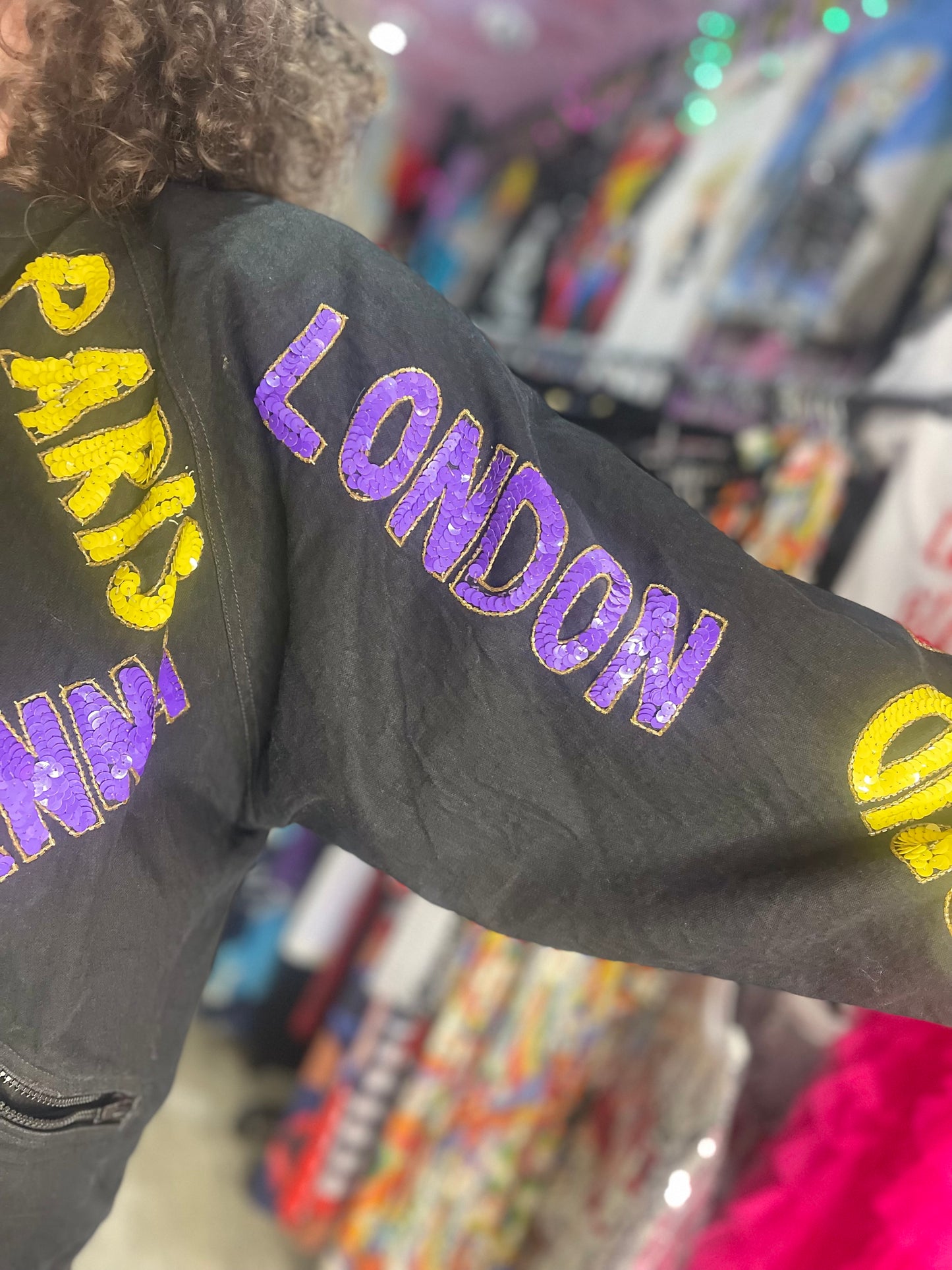 Vintage 90s Sequin City Theme Bomber Denim Jacket