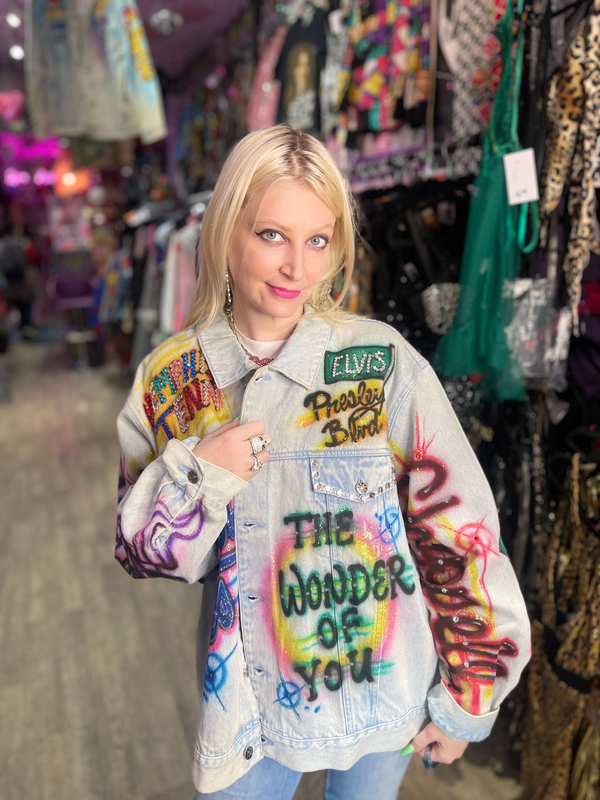 Vintage 80s Painted Bedazzled Elvis Jean Jacket - Spark Pretty