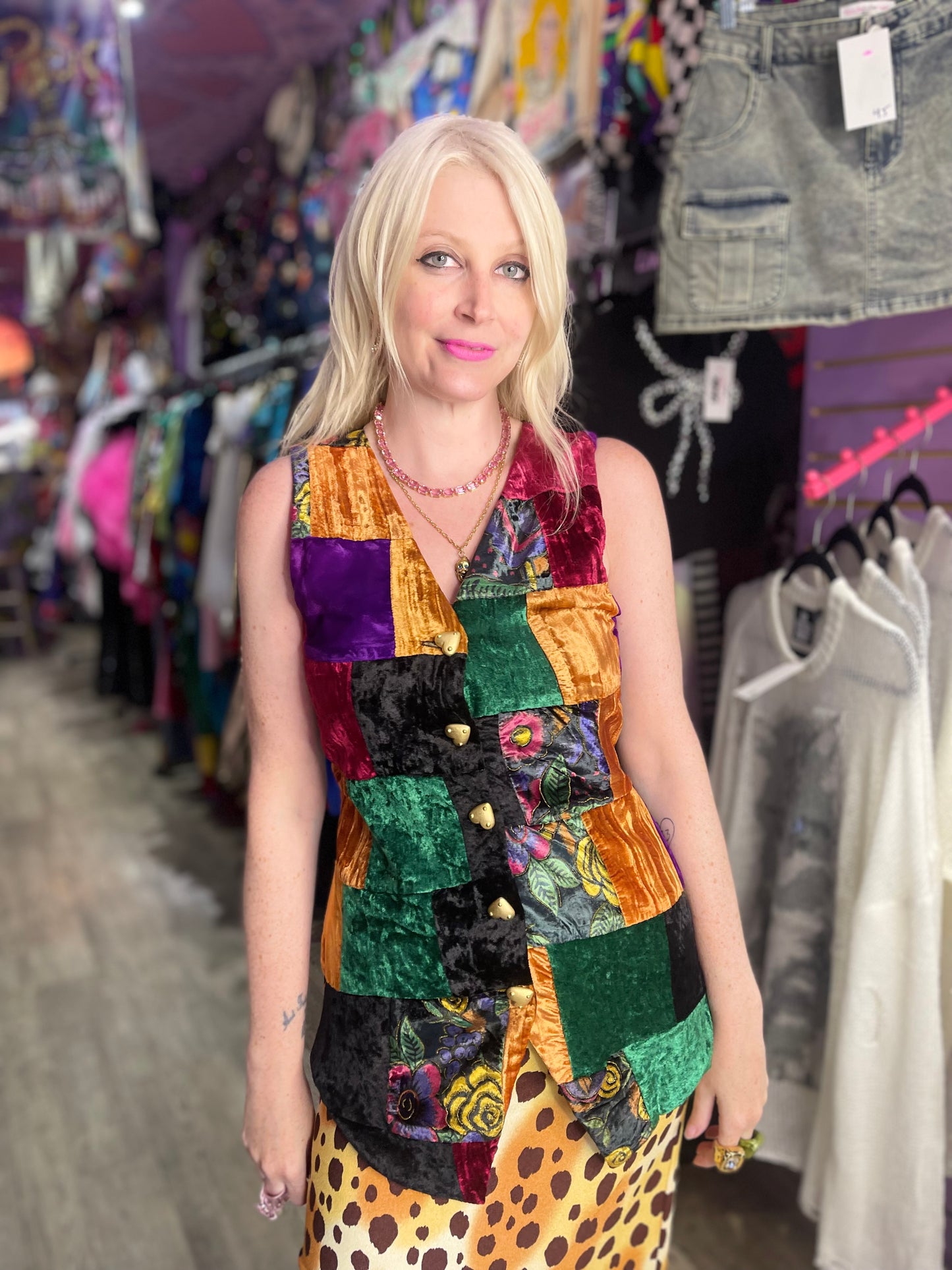 Vintage 90s Velvety Patchwork Vest