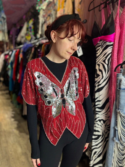 Vintage 80s Sequin Red Silver Butterfly Top
