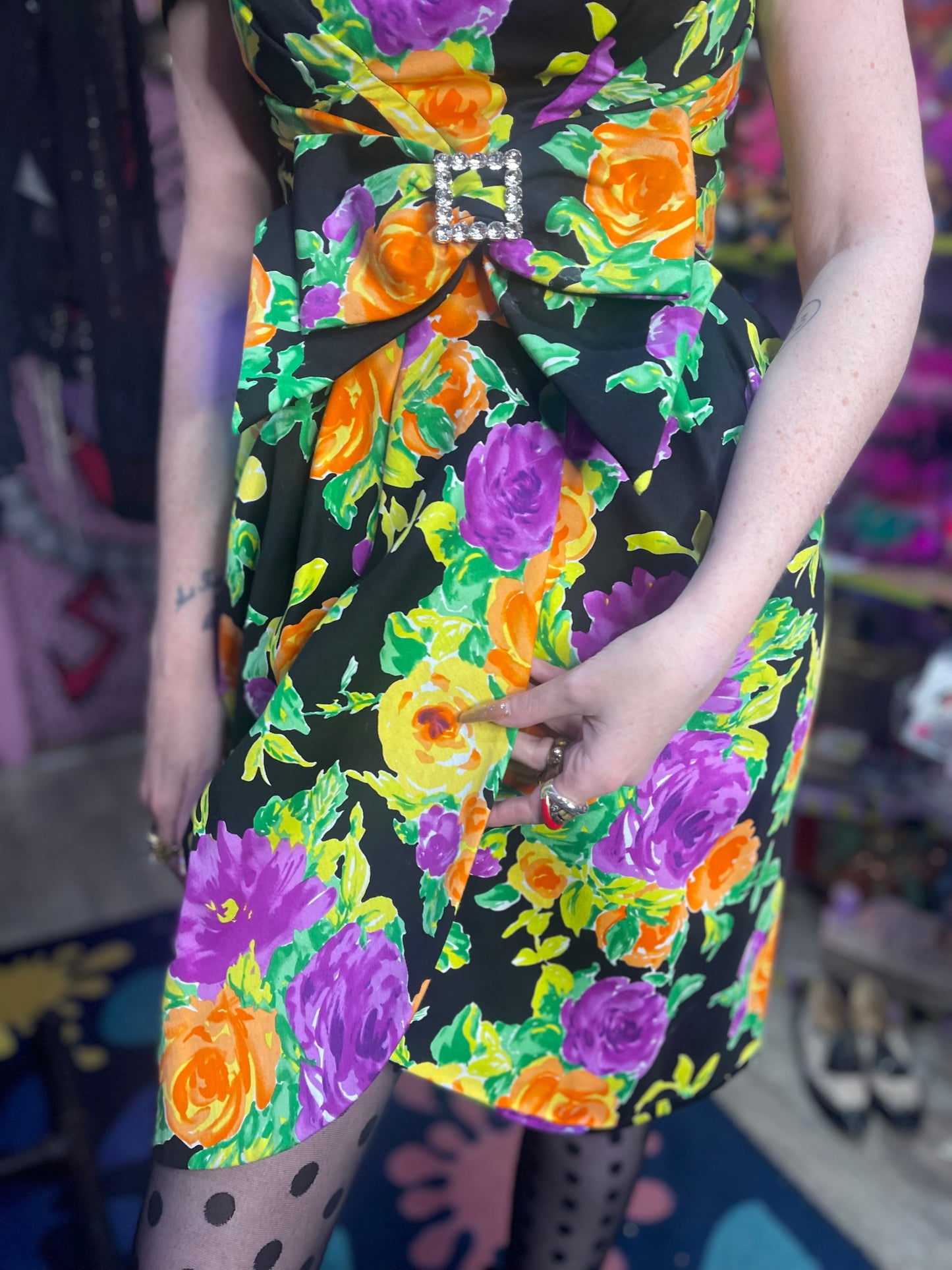 Vintage 80s Floral Rhinestone Bow Dress