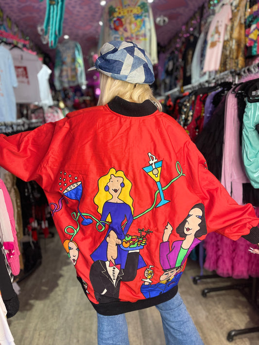 Vintage 80s Colorful Silk Party People Patchwork Avant Garde Oversized Jacket - Spark Pretty