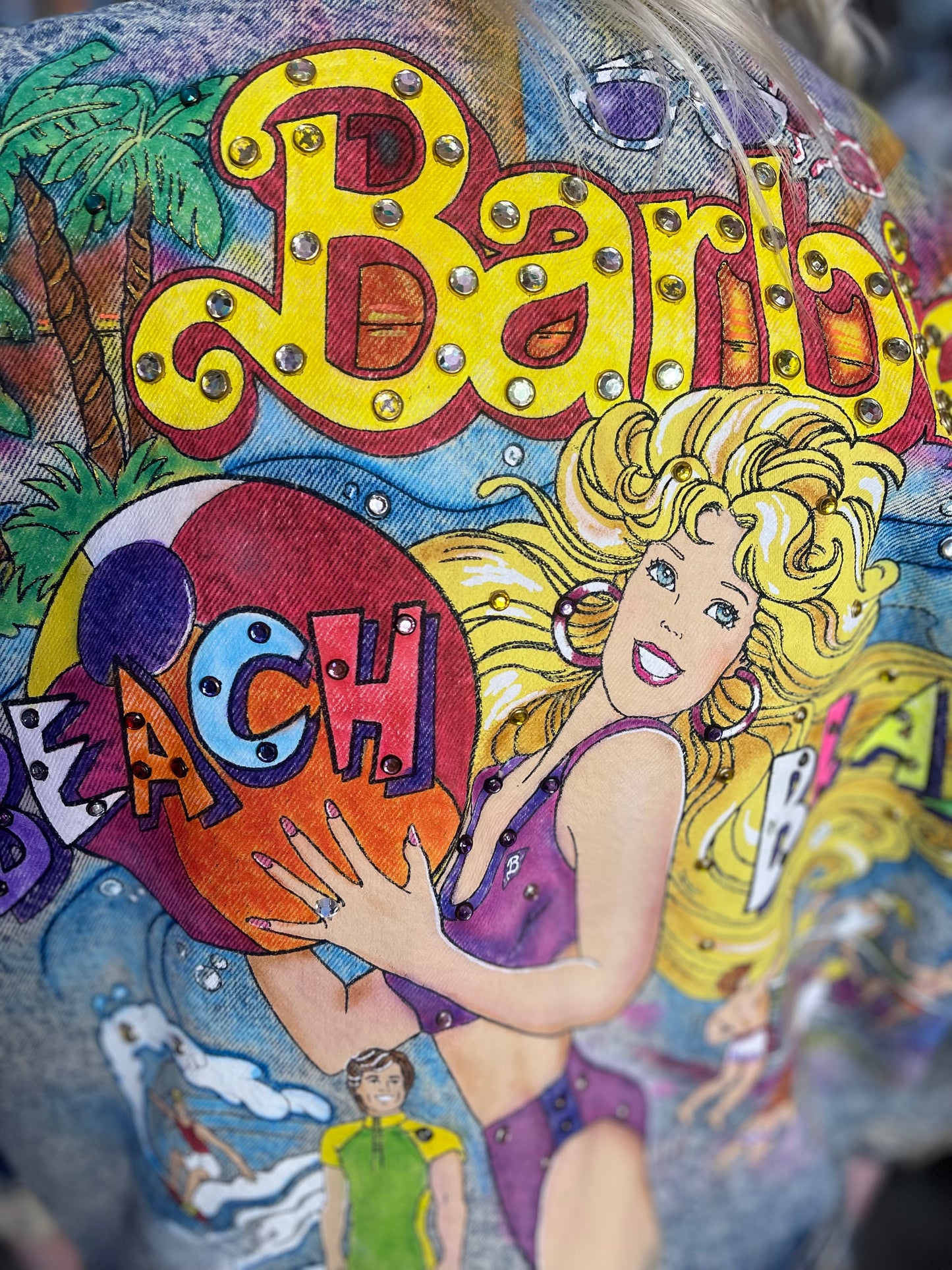 Vintage 1987 Hand Painted and Bedazzled Barbie Beach Blast Jean Jacket