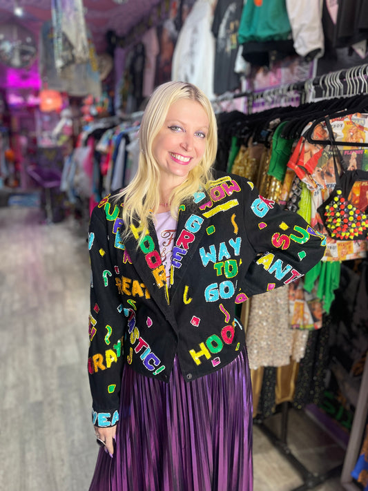 Vintage 90s Sequin Happy Words Denim Jacket