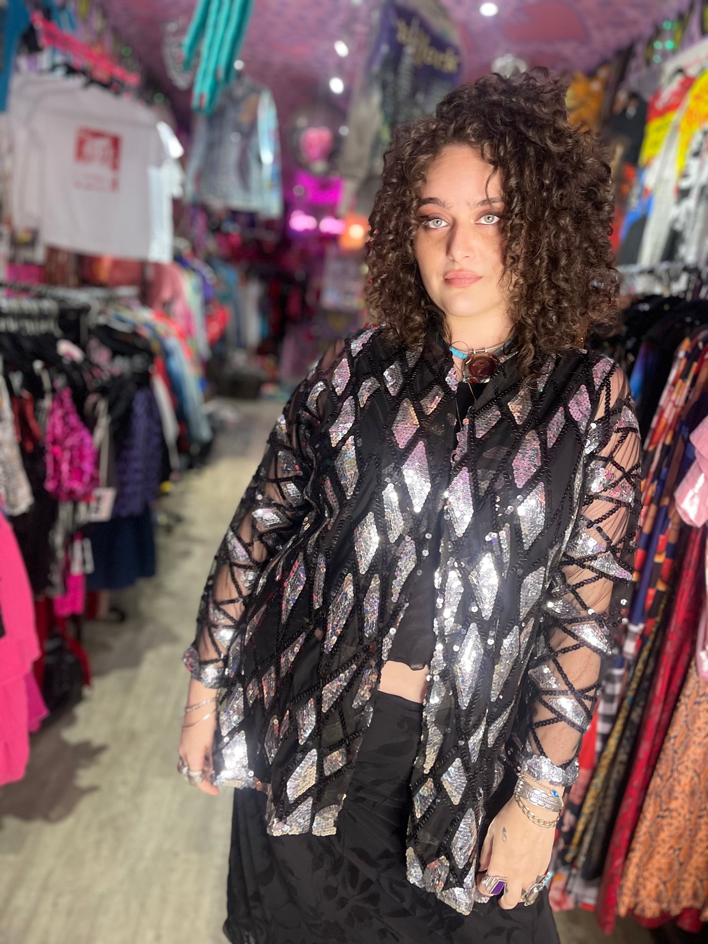 Vintage 80s Sequin Silver and Black Kimono Jacket