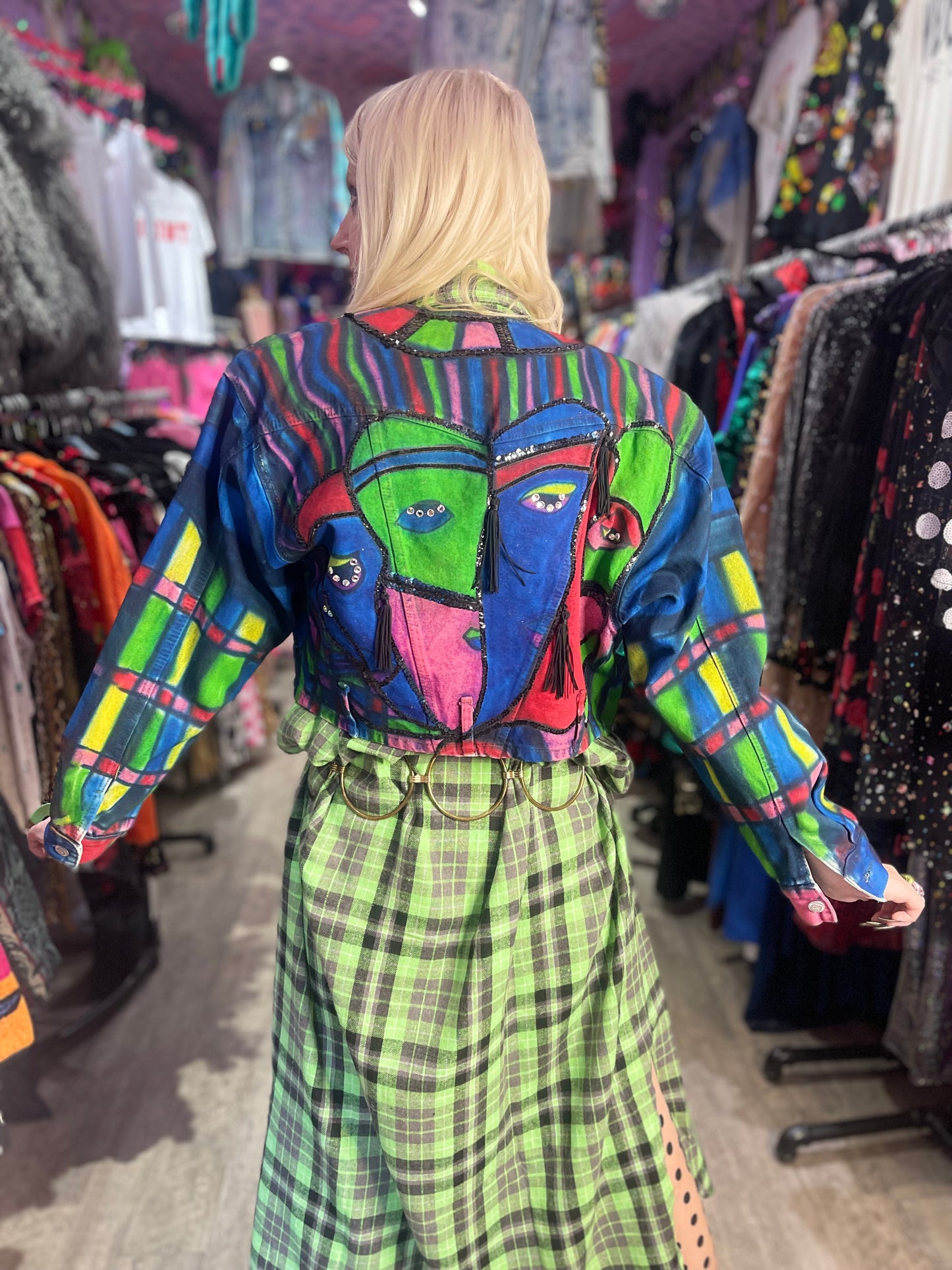 Vintage 80s Geometric Painted Faces Denim Jacket - Spark Pretty