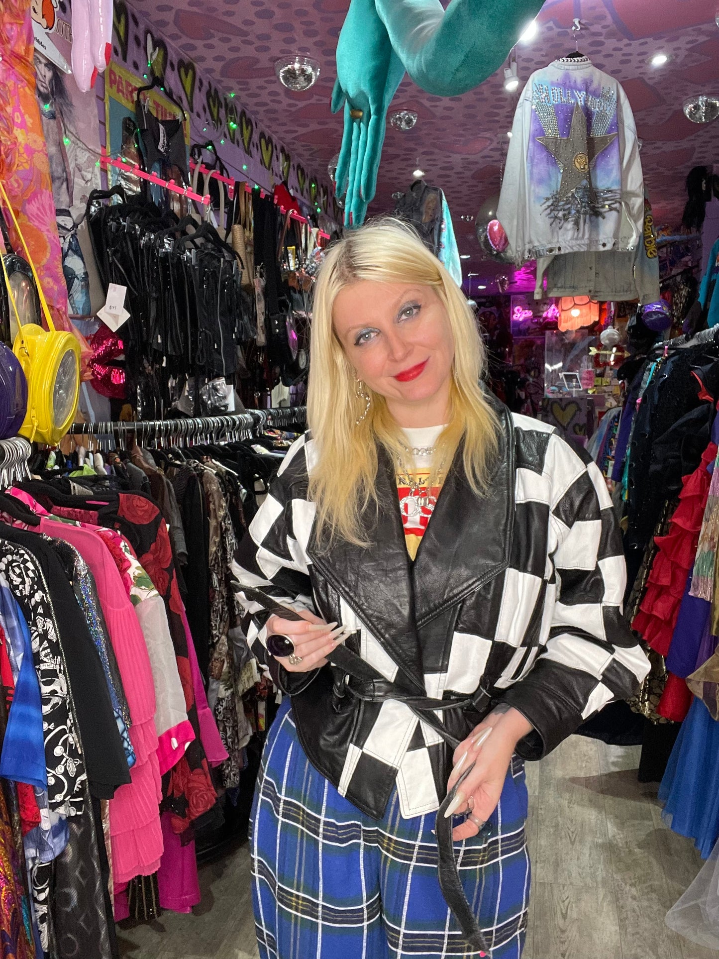 Vintage 80s Black & White Check Leather Jacket