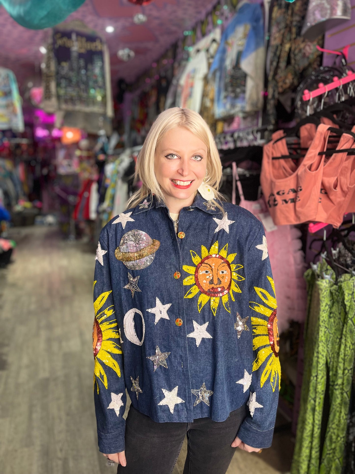 Vintage 90s Sequin Suns Celestial Denim Jacket - Spark Pretty