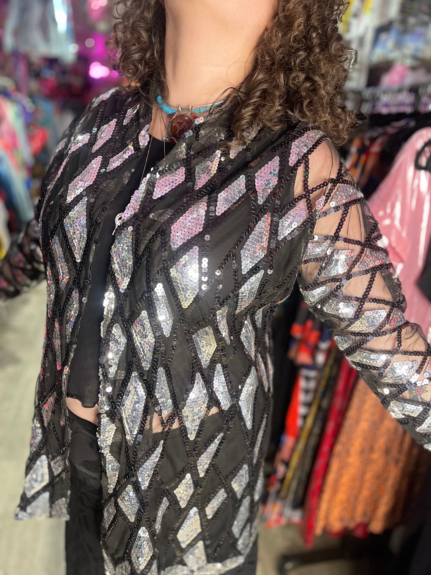 Vintage 80s Sequin Silver and Black Kimono Jacket