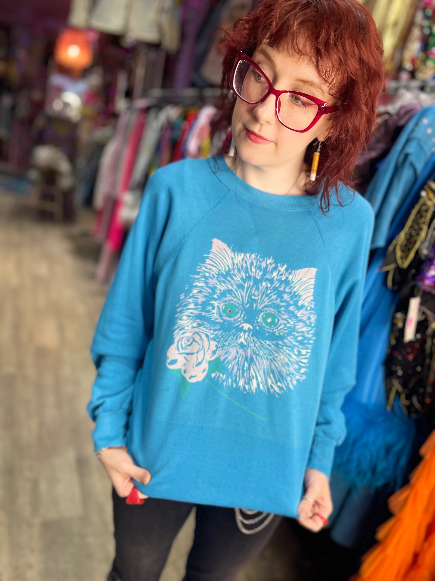 Vintage 80s Blue Cat Sweatshirt