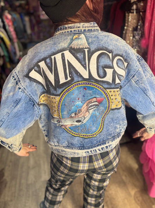 Vintage 90s Painted Airplane Wings Jean Jacket