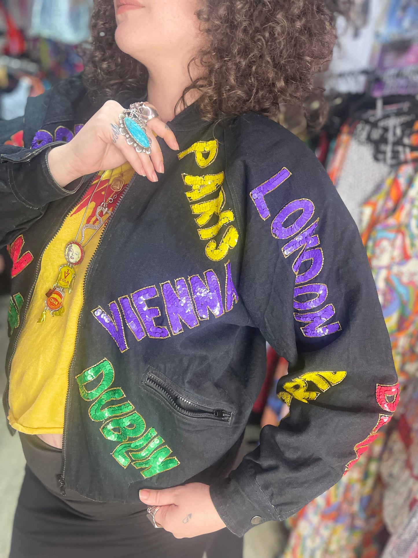 Vintage 90s Sequin City Theme Bomber Denim Jacket