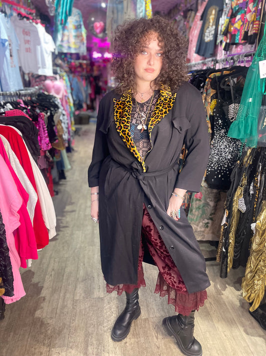 Vintage 80s Black and Leopard Trench Coat - Spark Pretty
