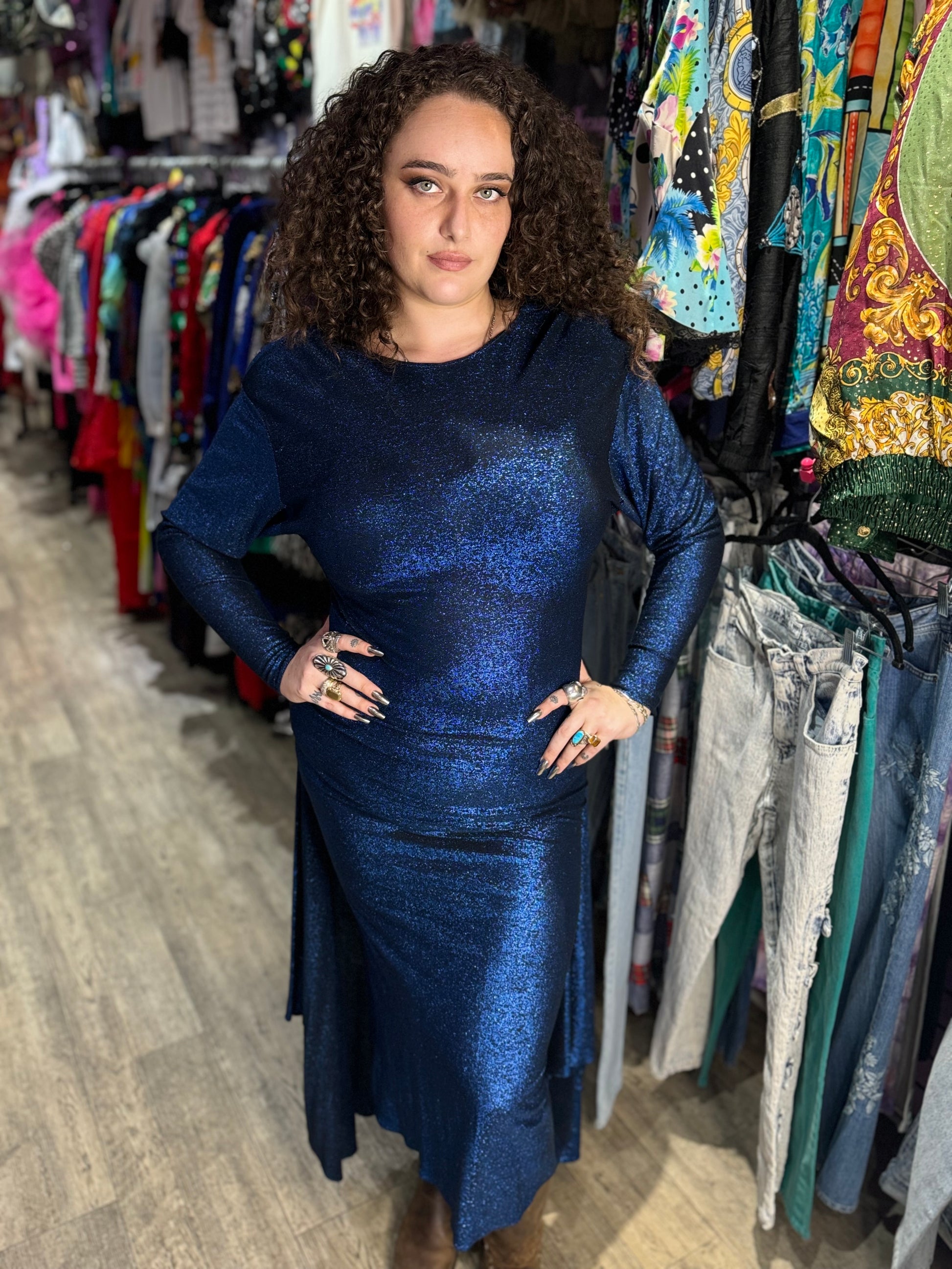 Vintage 80s Blue Metallic Draped Dress Spark Pretty Vintage 80s Blue Metallic Draped Dress Spark Pretty