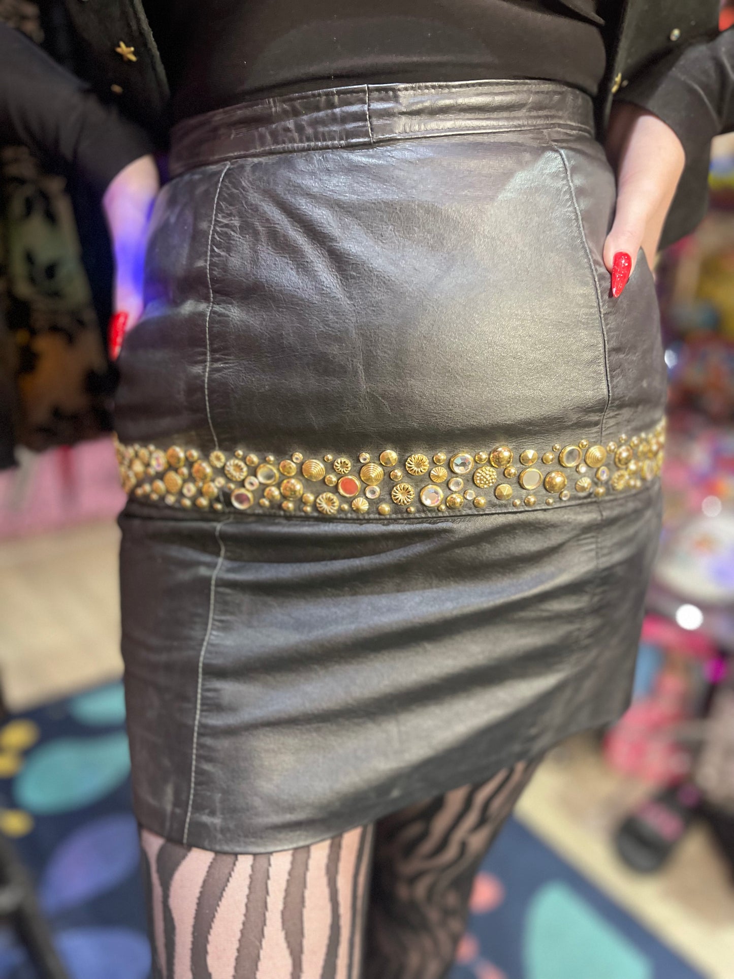 Vintage 80s Studded and Bedazzled Leather Mini Skirt