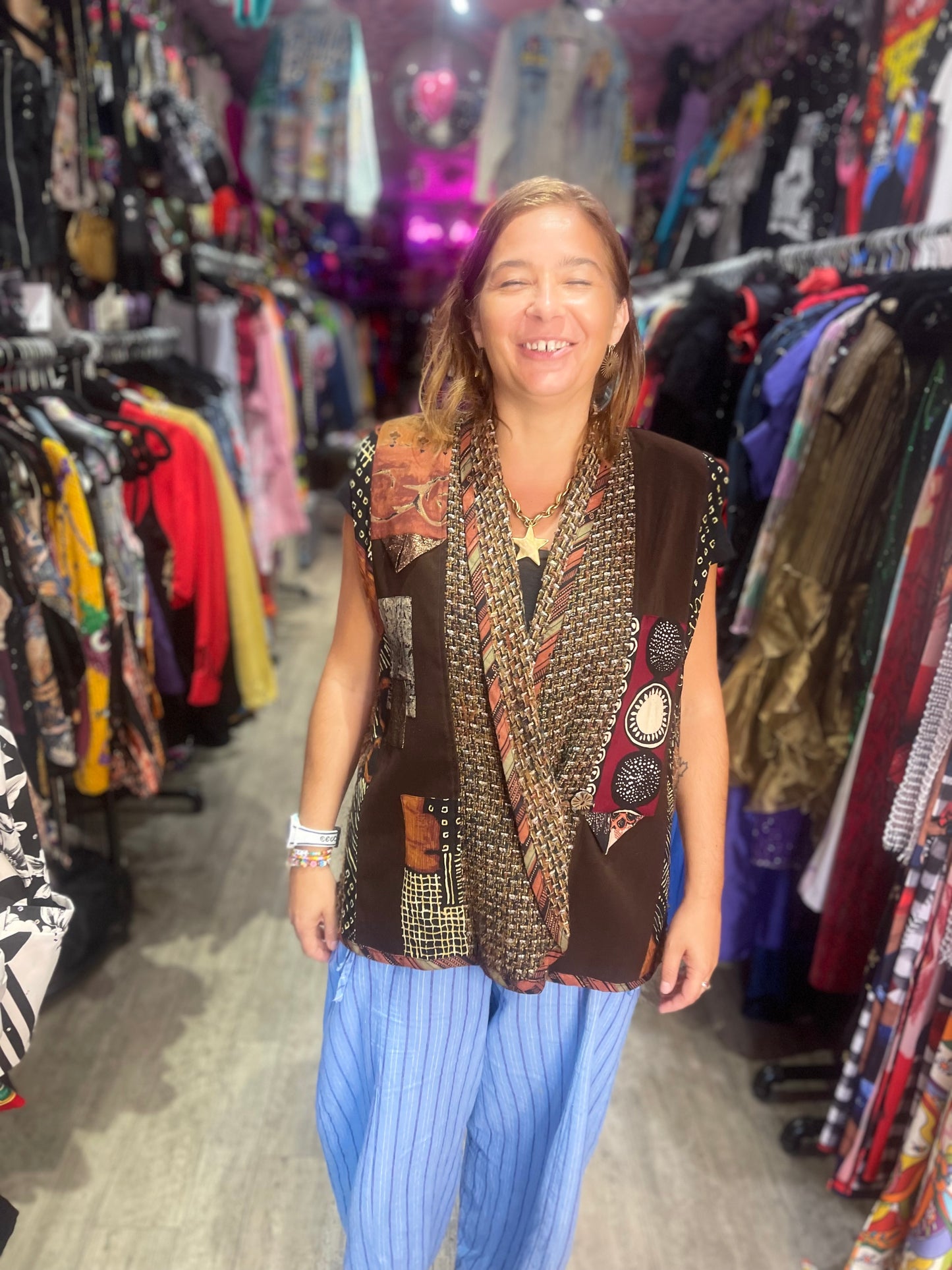 Vintage 90s Mix Print Brown Vest