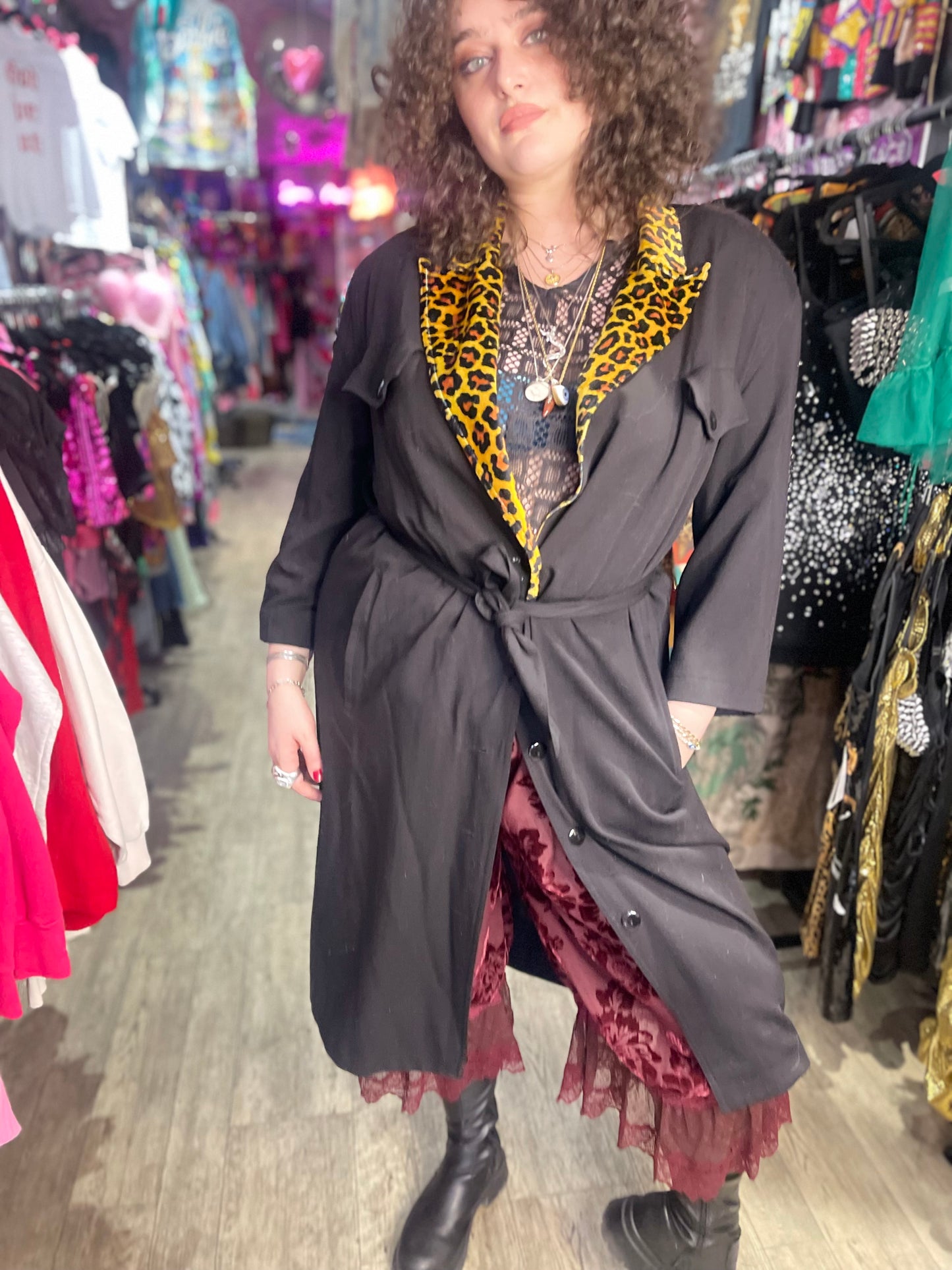 Vintage 80s Black and Leopard Trench Coat - Spark Pretty