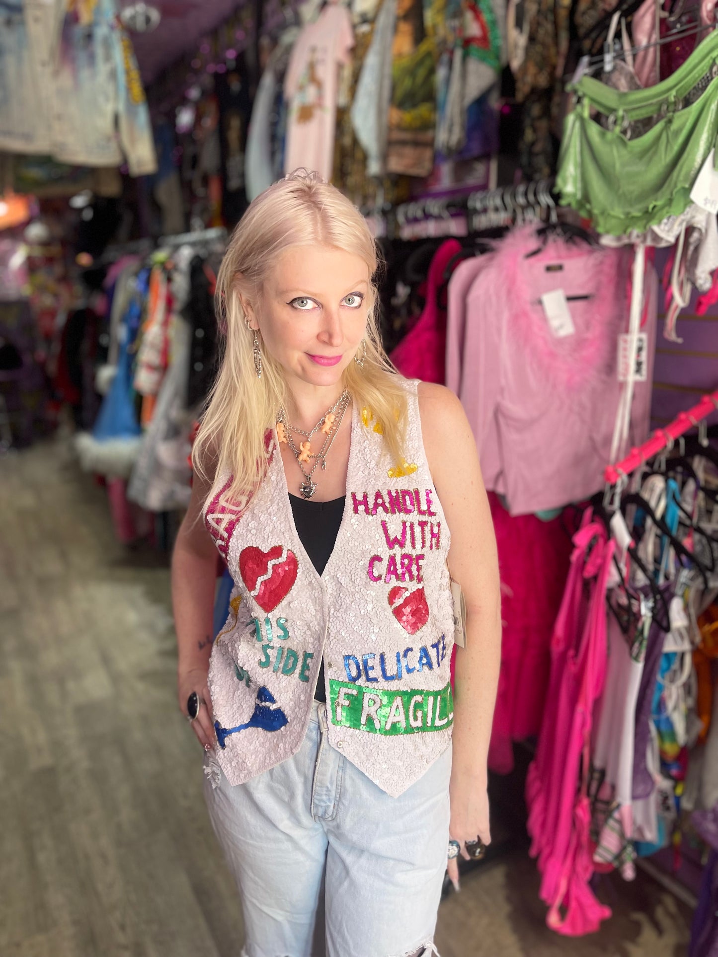 Vintage 90s Sequin Fragile Theme Vest - Spark Pretty