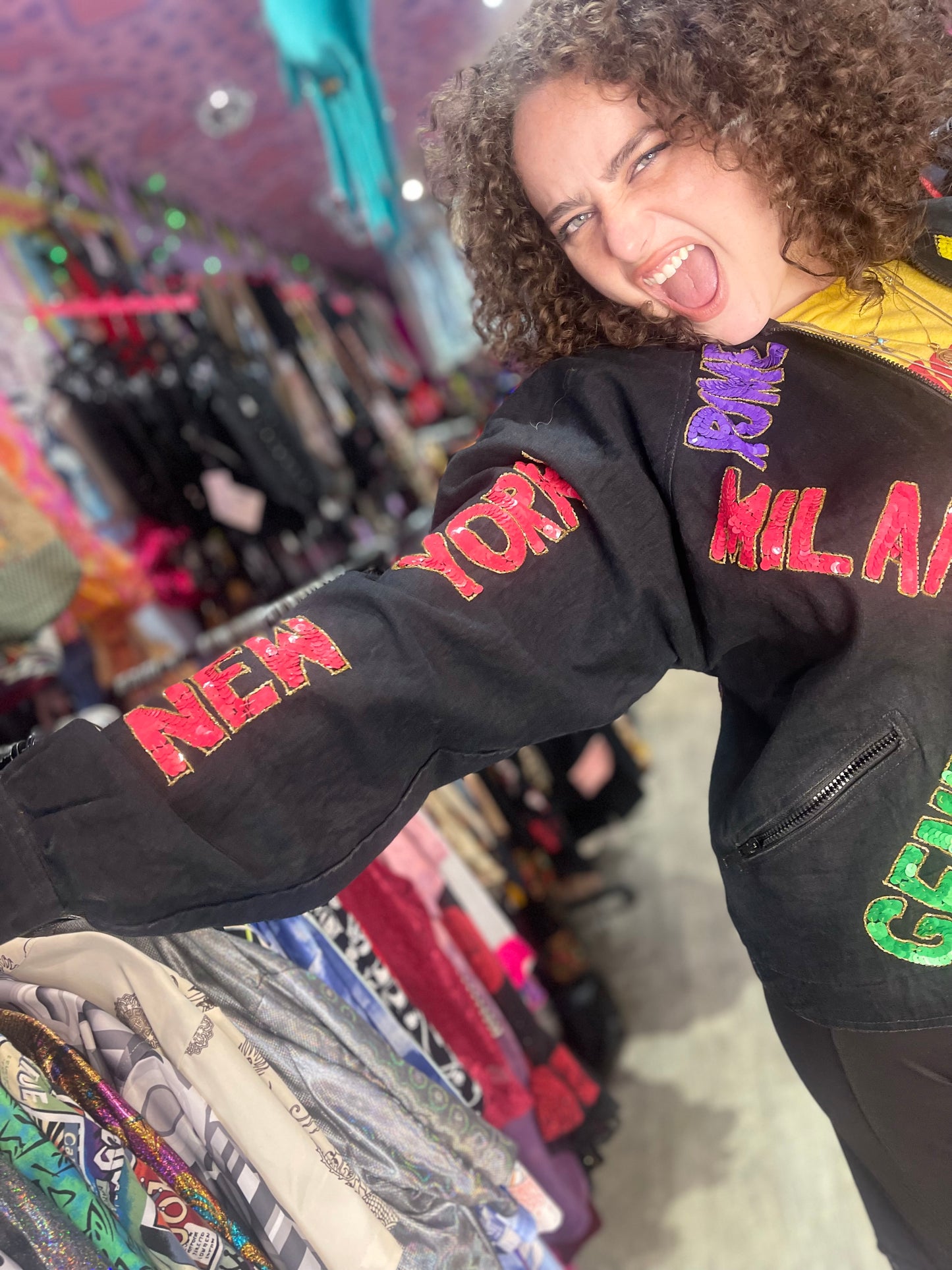 Vintage 90s Sequin City Theme Bomber Denim Jacket