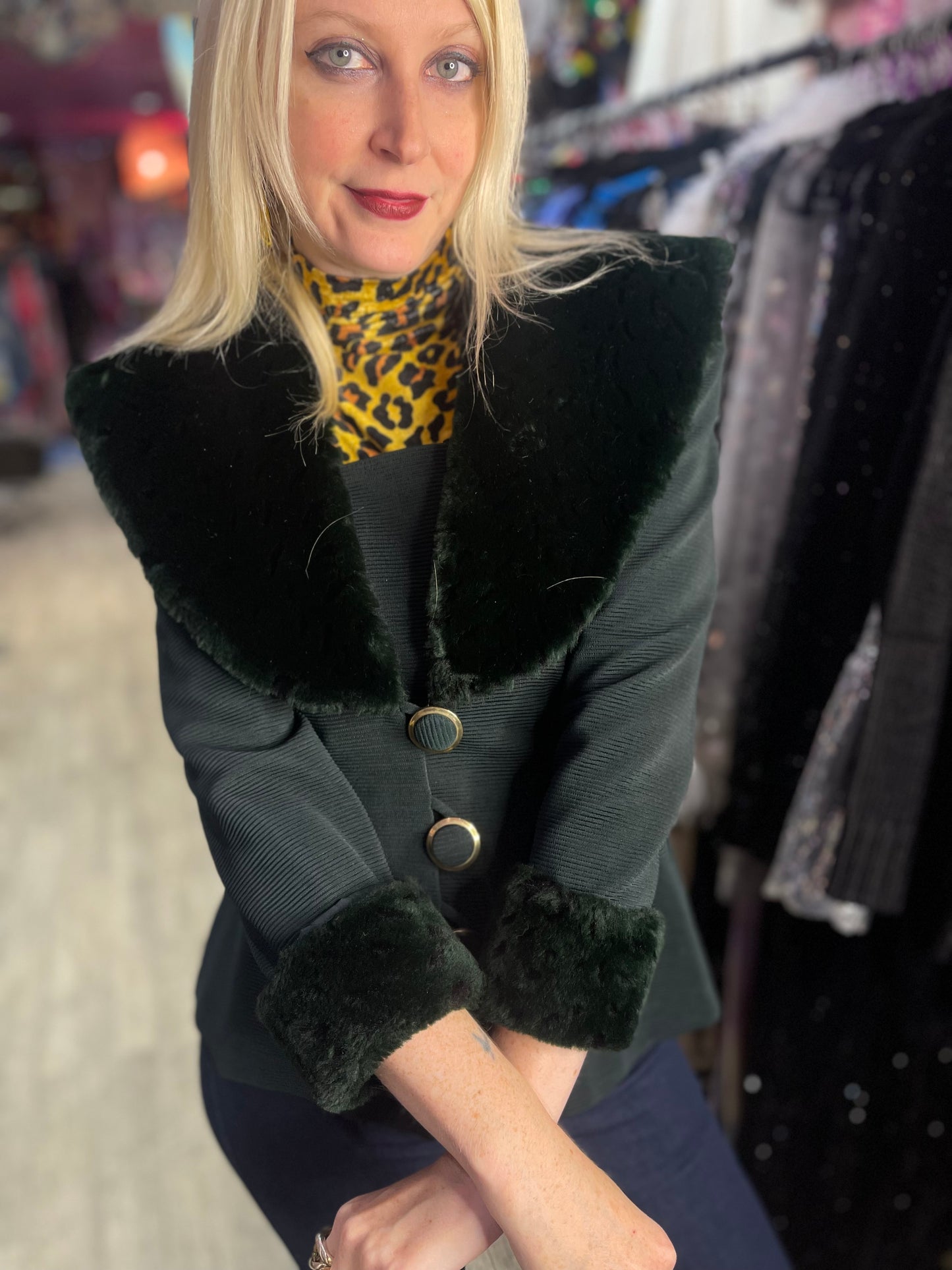 Vintage 90s Green Faux Fur Peplum Fitted Jacket