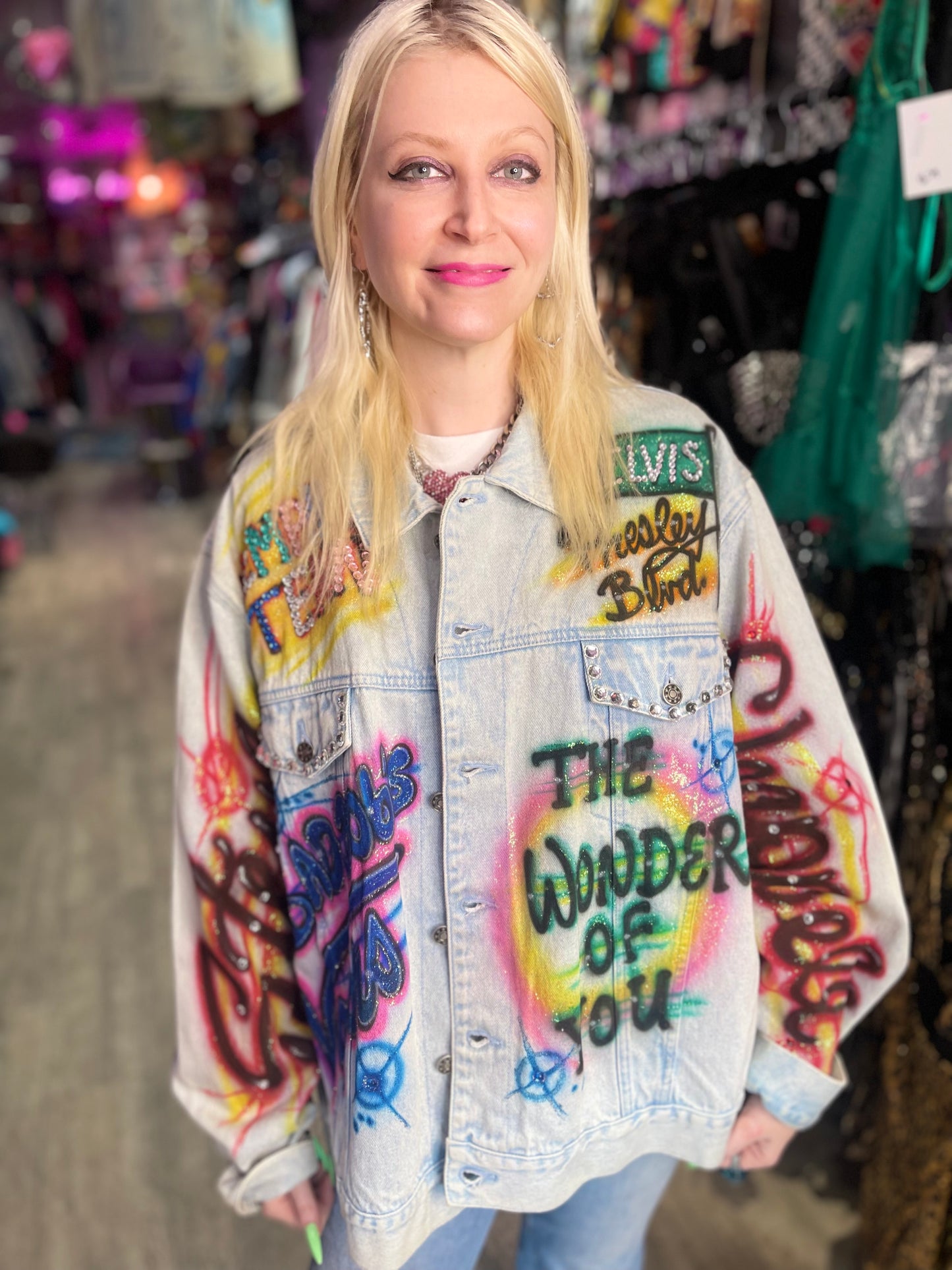 Vintage 80s Painted Bedazzled Elvis Jean Jacket - Spark Pretty