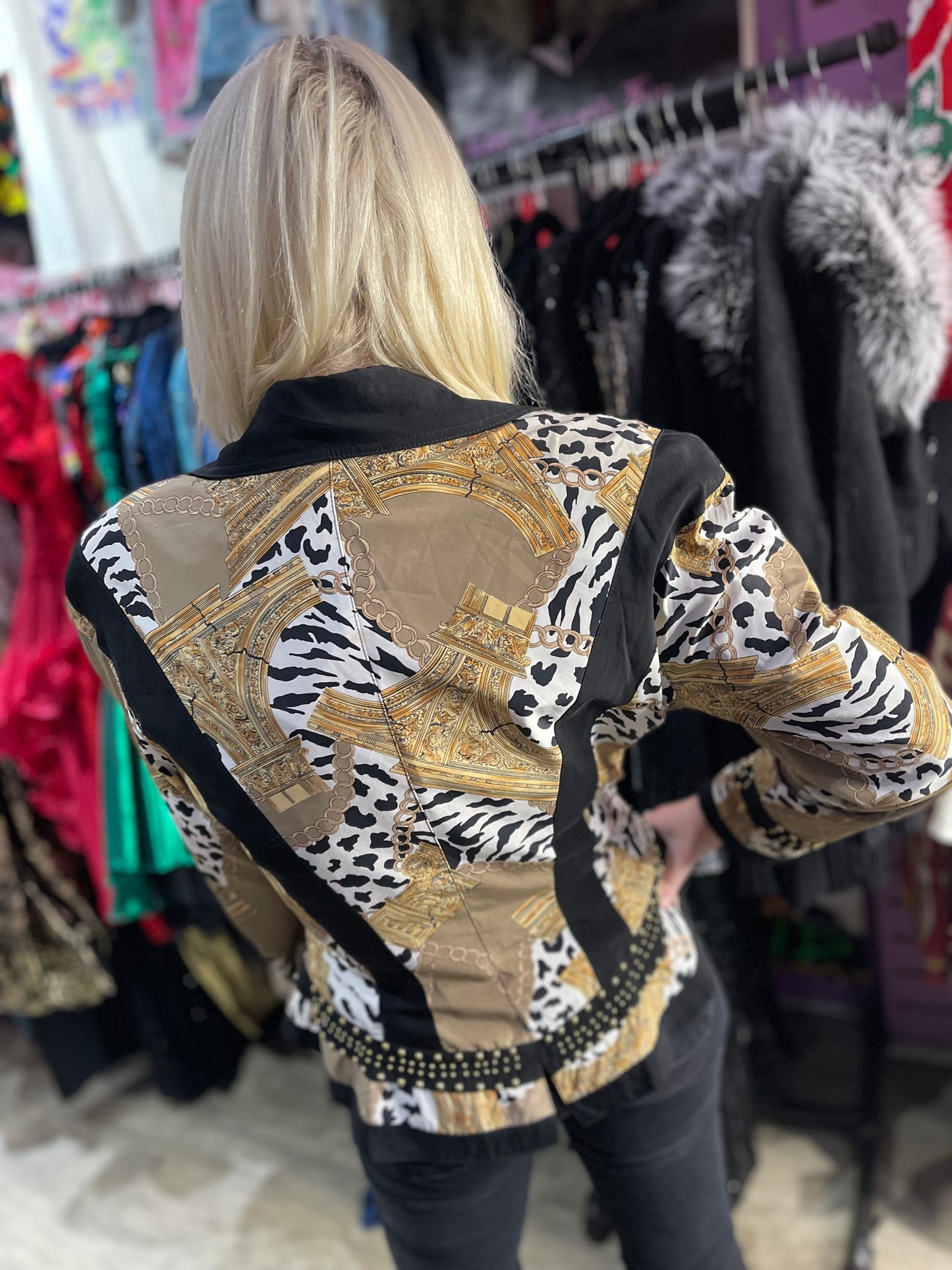 Vintage 90s Mix Status Print Studded Peplum Jacket