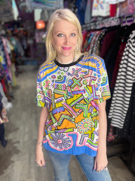 Vintage 90s Colorful Geometric Mix Print Sequin Shirt