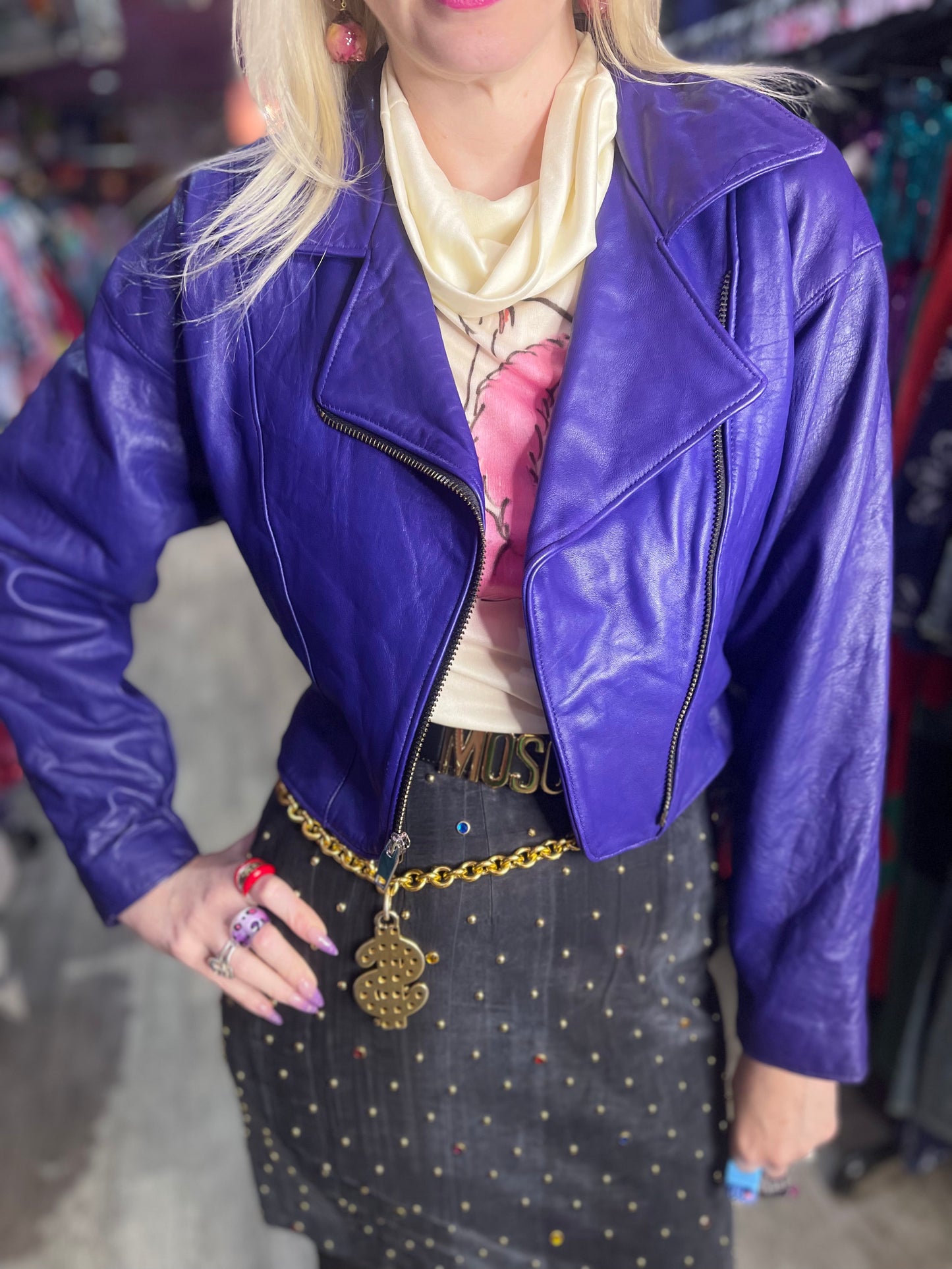 Vintage 80s Purple Leather Moto Jacket