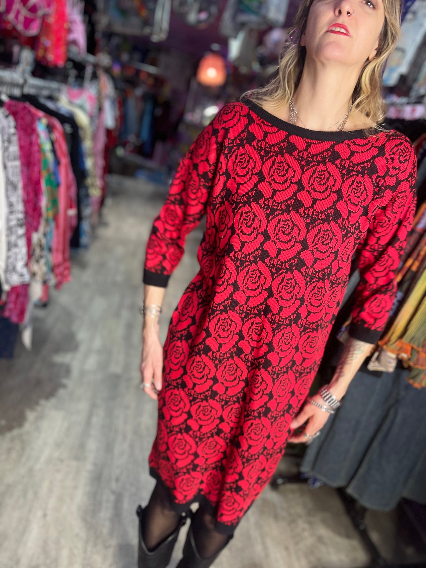 Vintage 80’s Red Roses Sweater Dress