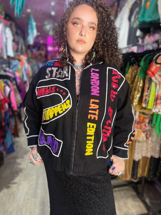Vintage 90s Sequin News Words Bomber Denim Jacket