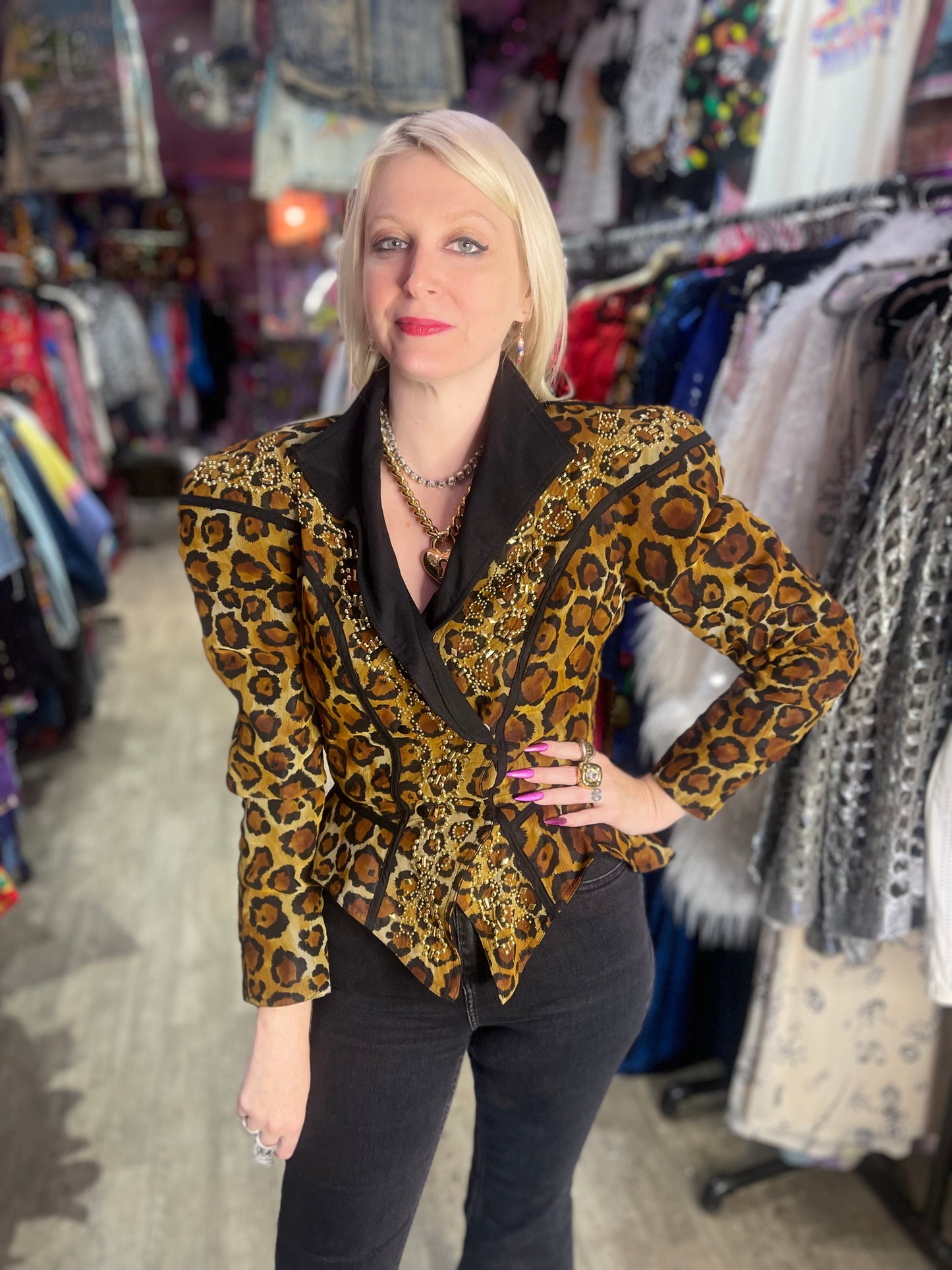 Vintage 90s Leopard Studded Peplum Fitted Jacket