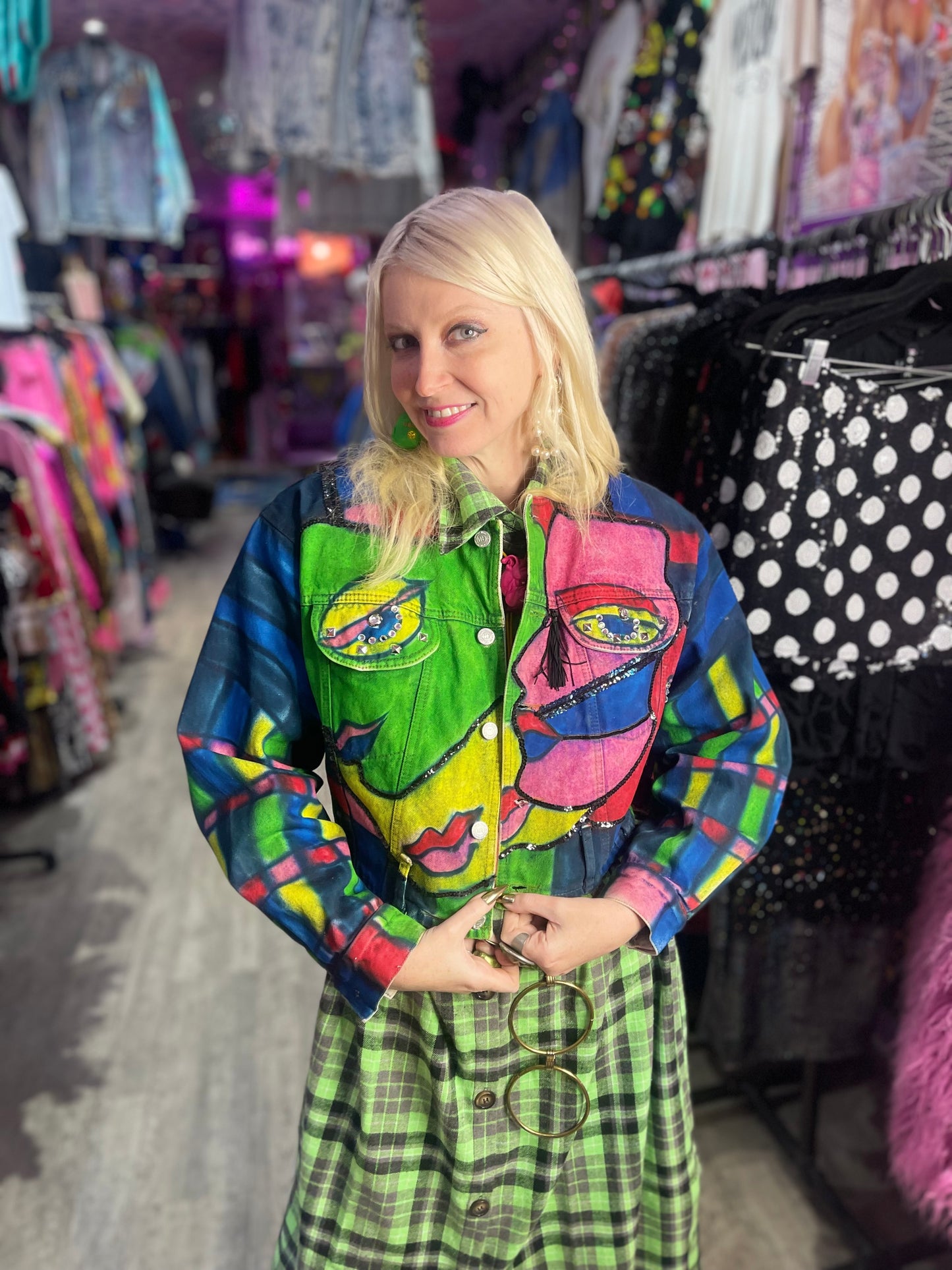 Vintage 80s Geometric Painted Faces Denim Jacket - Spark Pretty
