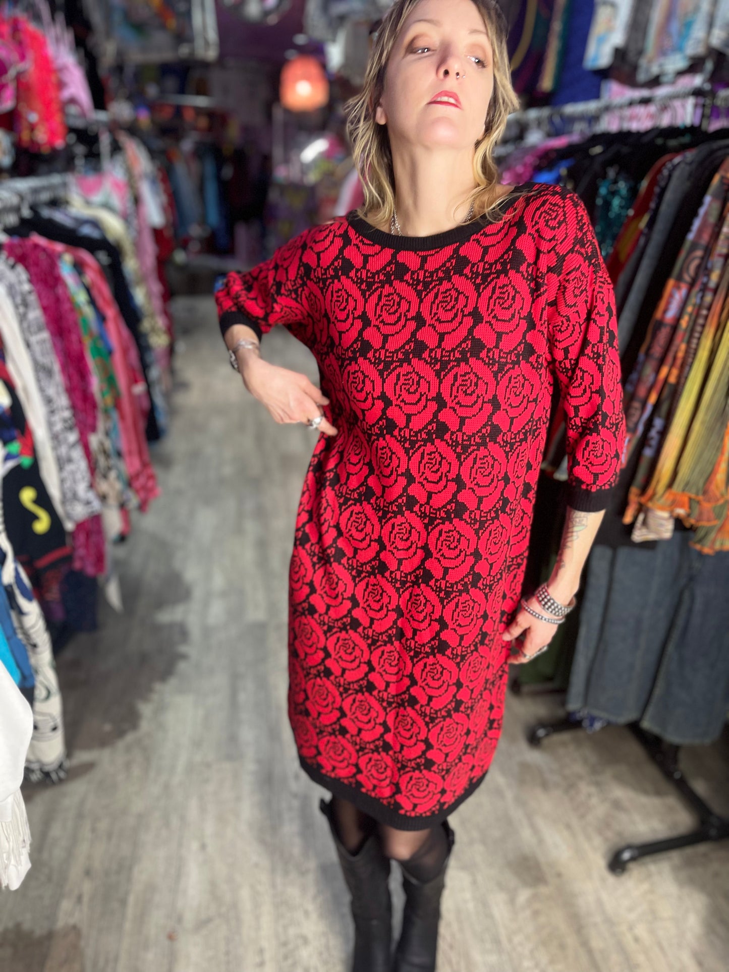 Vintage 80’s Red Roses Sweater Dress