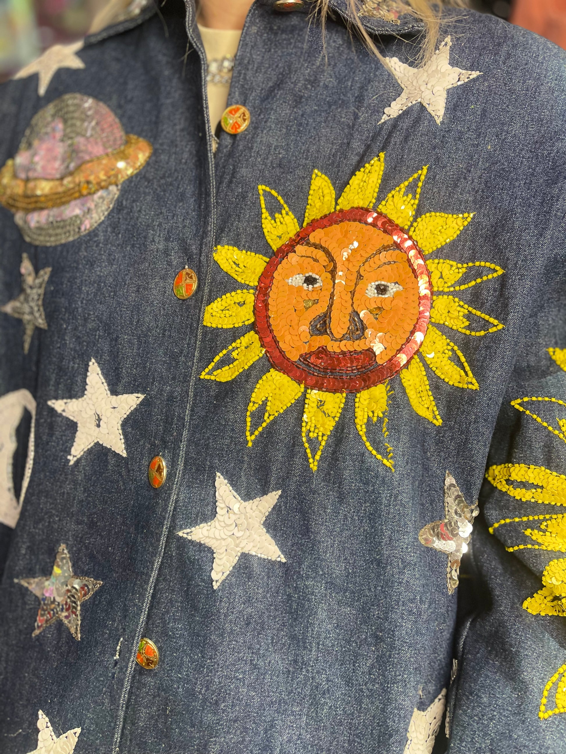 Vintage 90s Sequin Suns Celestial Denim Jacket - Spark Pretty