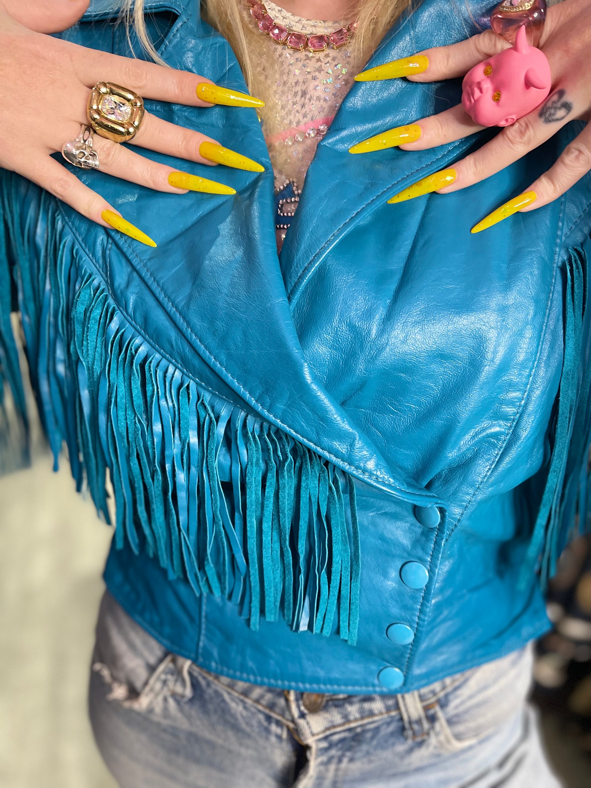 Vintage 80s Turquoise Blue Leather Fringe Moto Jacket - Spark Pretty