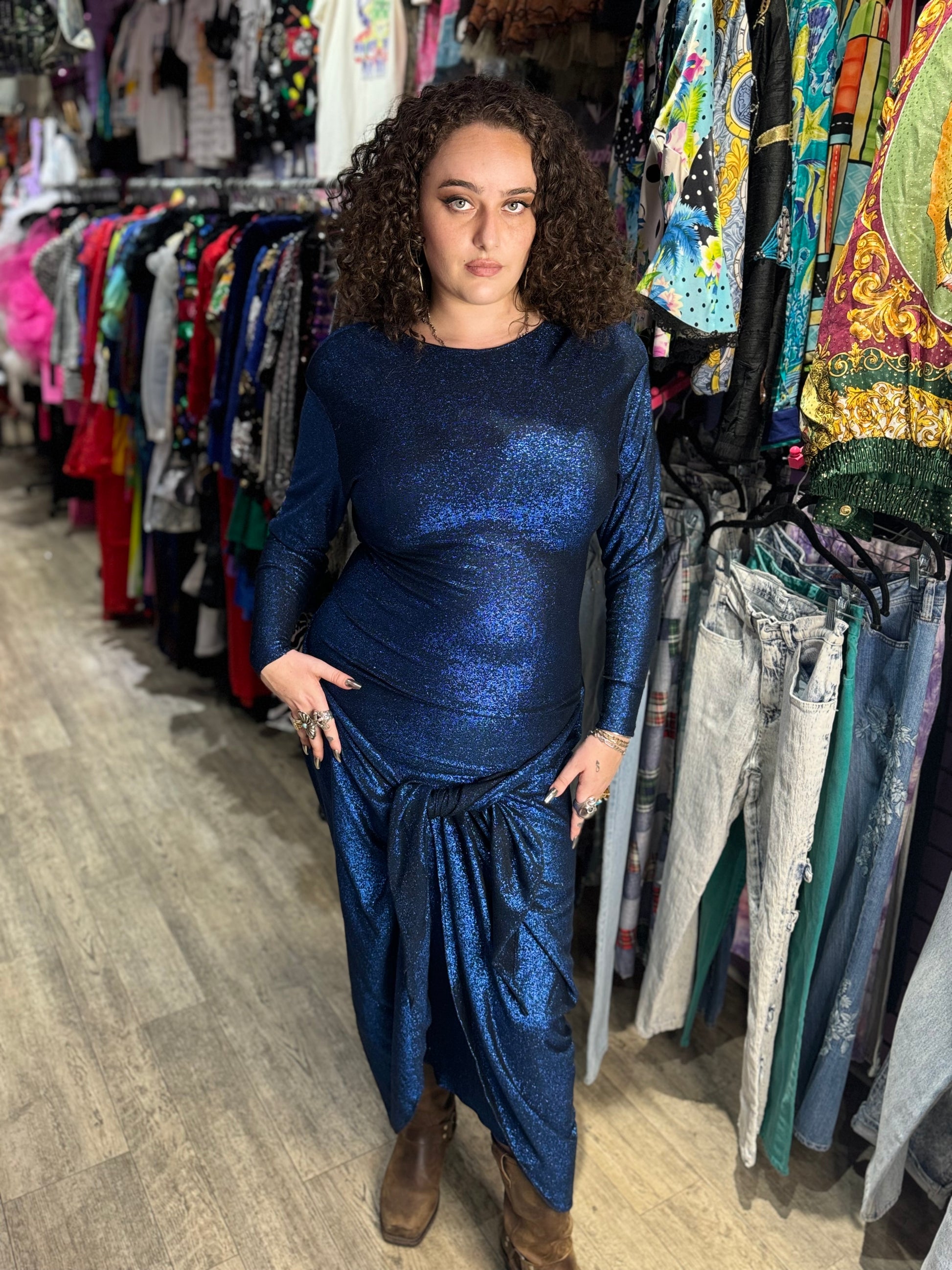 Vintage 80s Blue Metallic Draped Dress – Spark Pretty Vintage 80s Blue Metallic Draped Dress – Spark Pretty