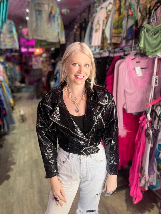 Vintage 80s Vinyl Moto Cropped Jacket - Spark Pretty